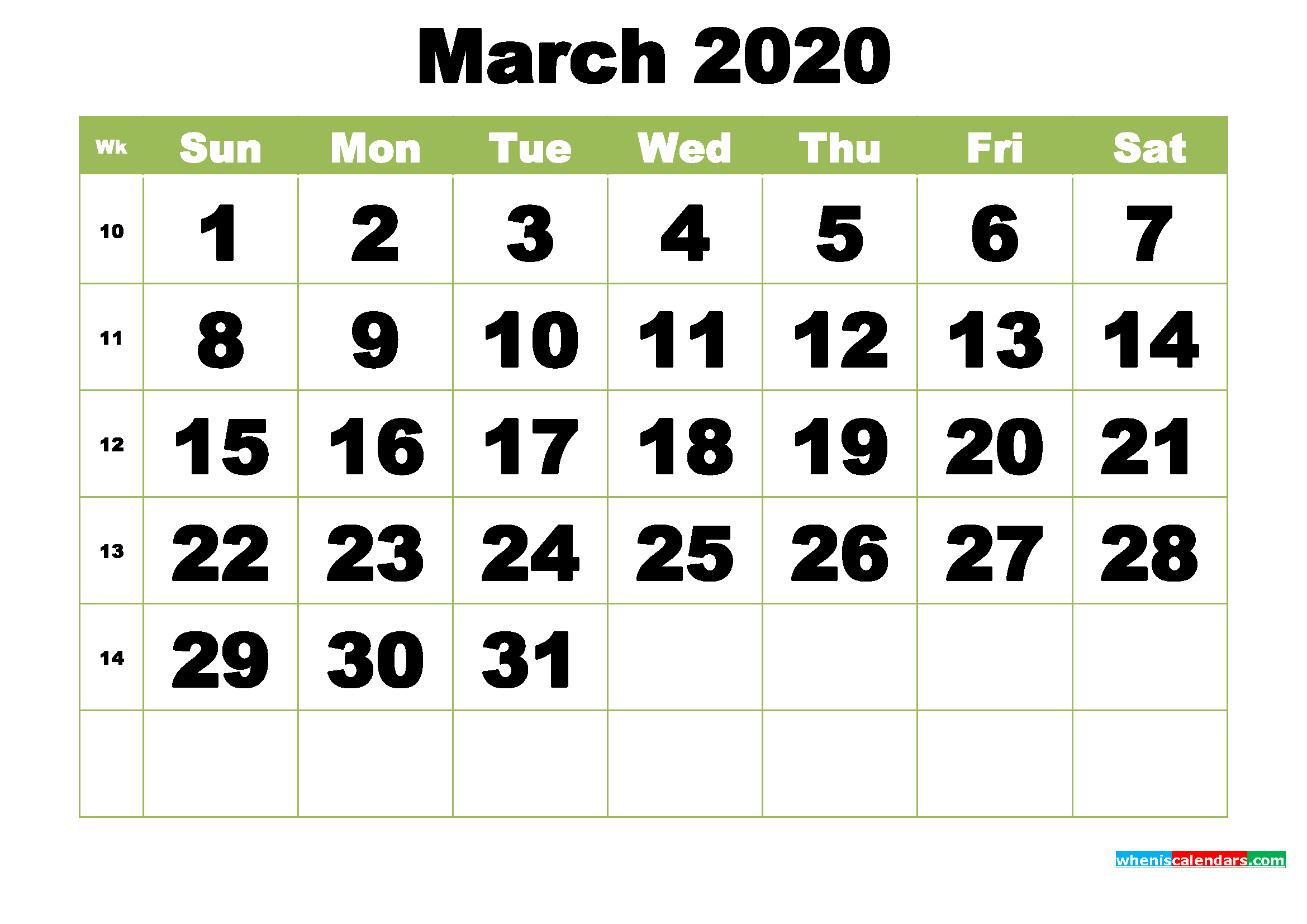 Free Printable Monthly Calendar March 2020