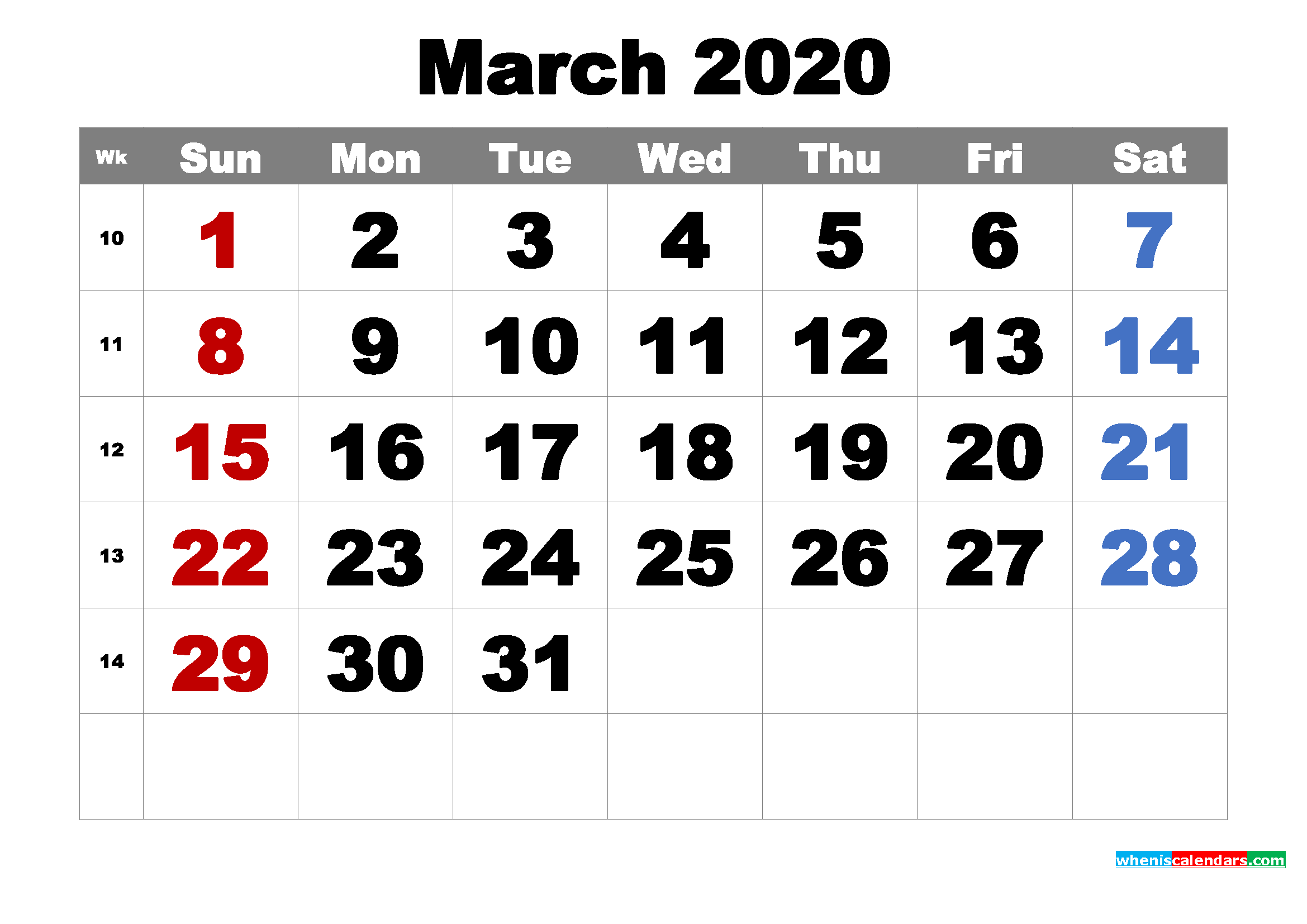 Free Printable March 2020 Calendar Word PDF Image