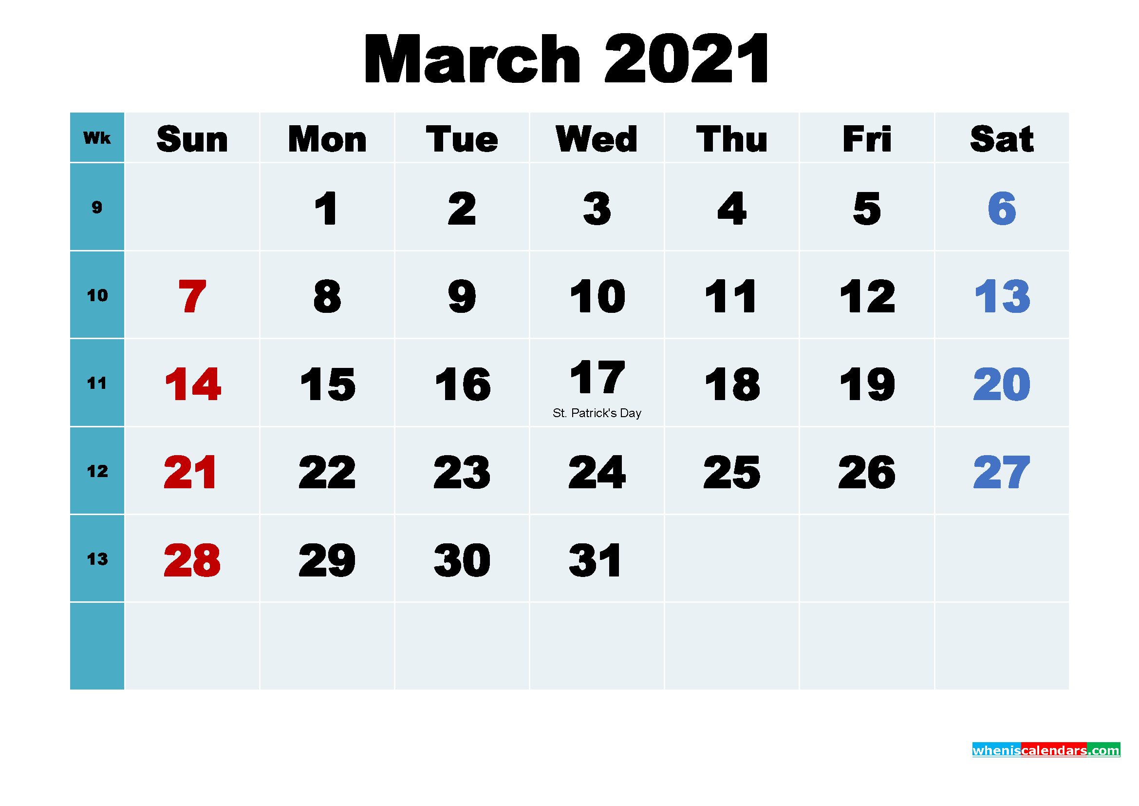 Free March 2021 Printable Calendar with Holidays