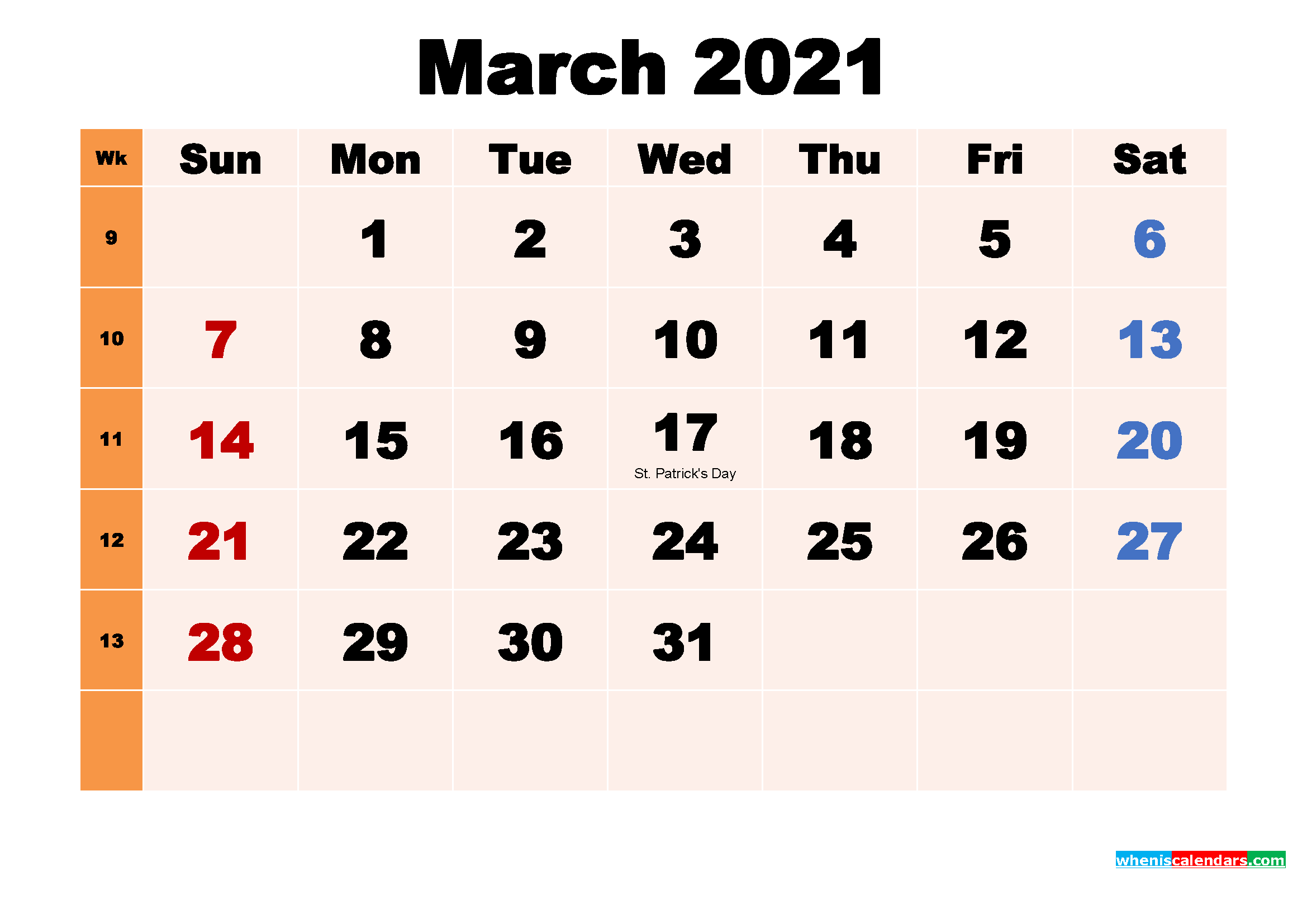 March 2021 Printable Calendar with Holidays Word, PDF