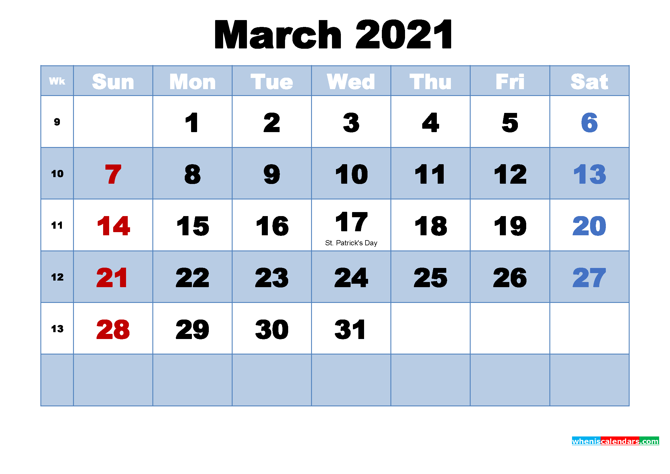 Free Printable 2021 Calendar March as Word, PDF
