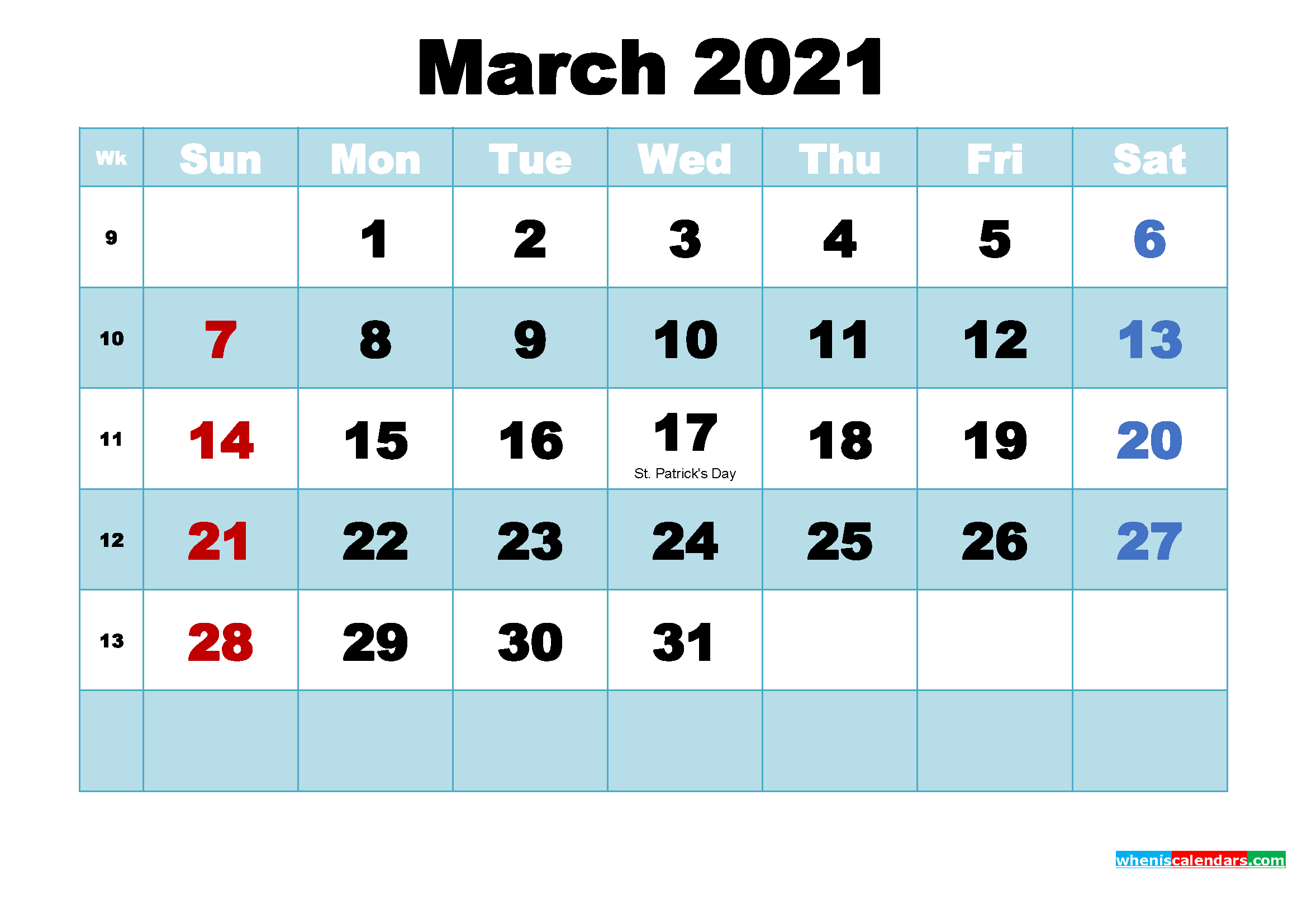 Free Printable March 2021 Calendar with Holidays as Word, PDF