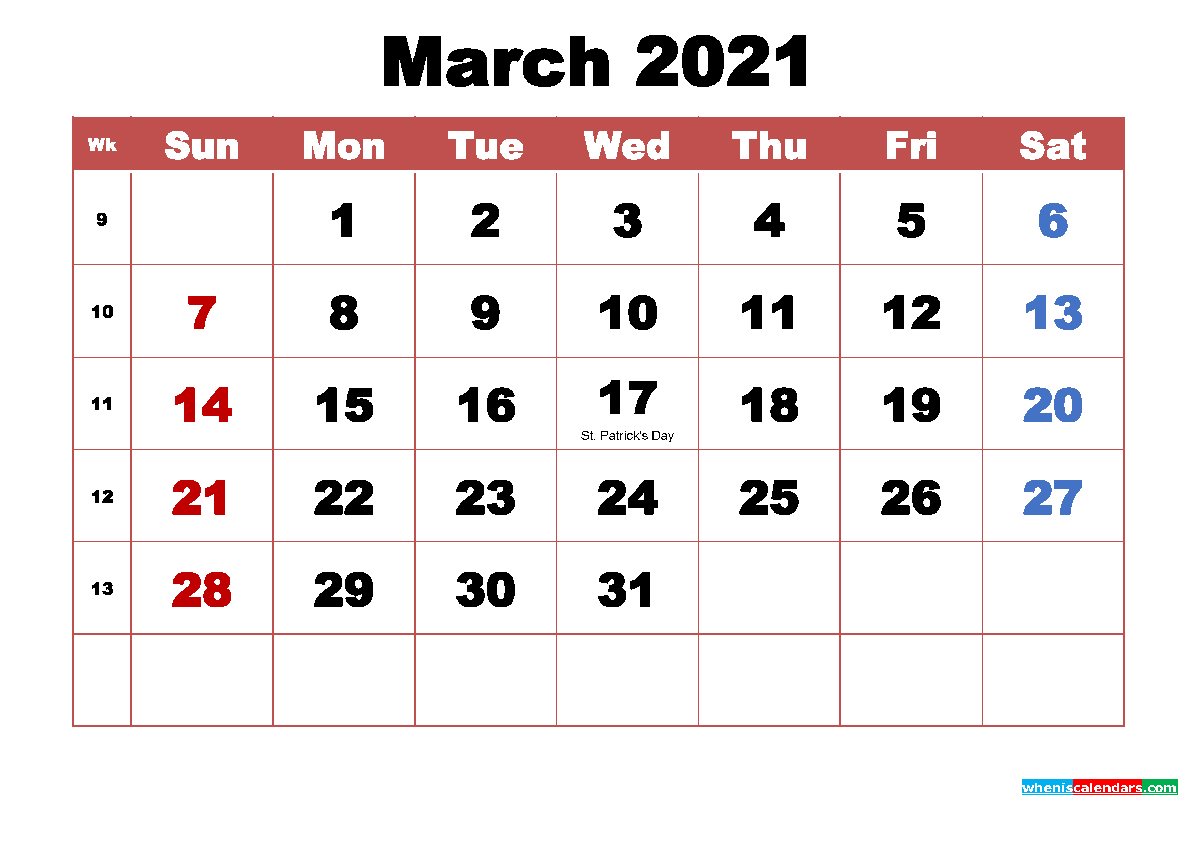 Printable March 2021 Calendar with Holidays Word, PDF