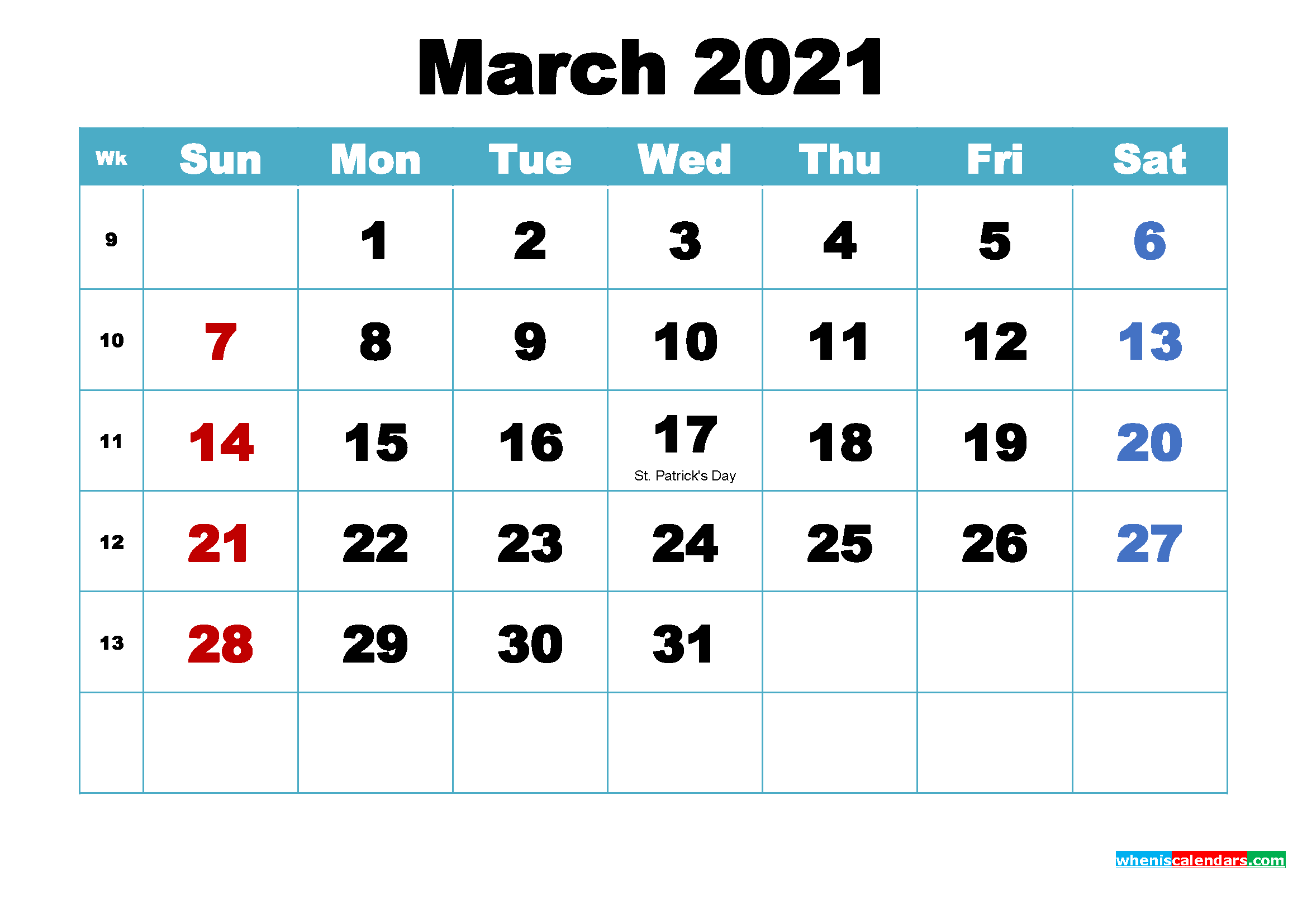 Printable March 2021 Calendar by Month