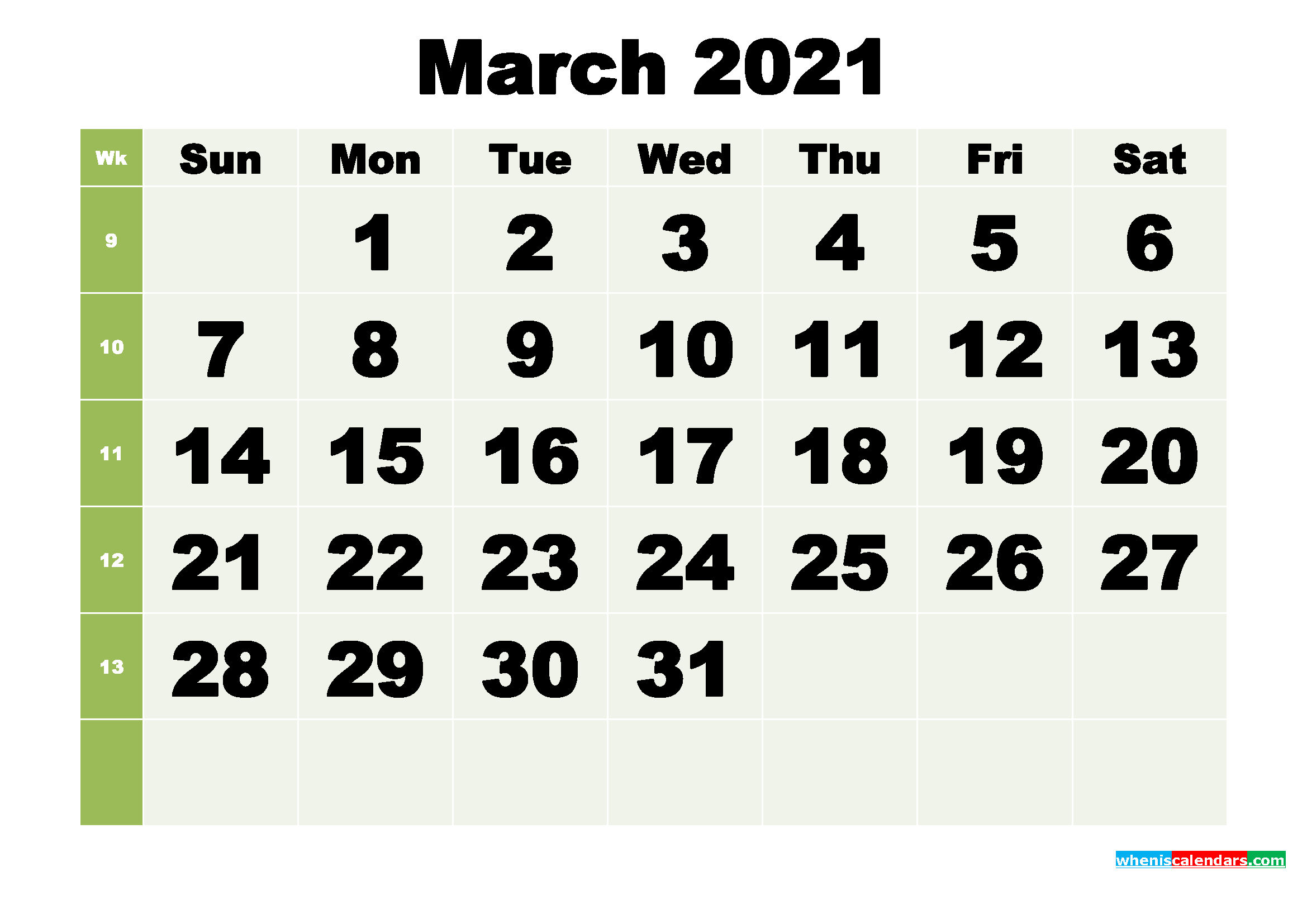 March 2021 Printable Calendar Template