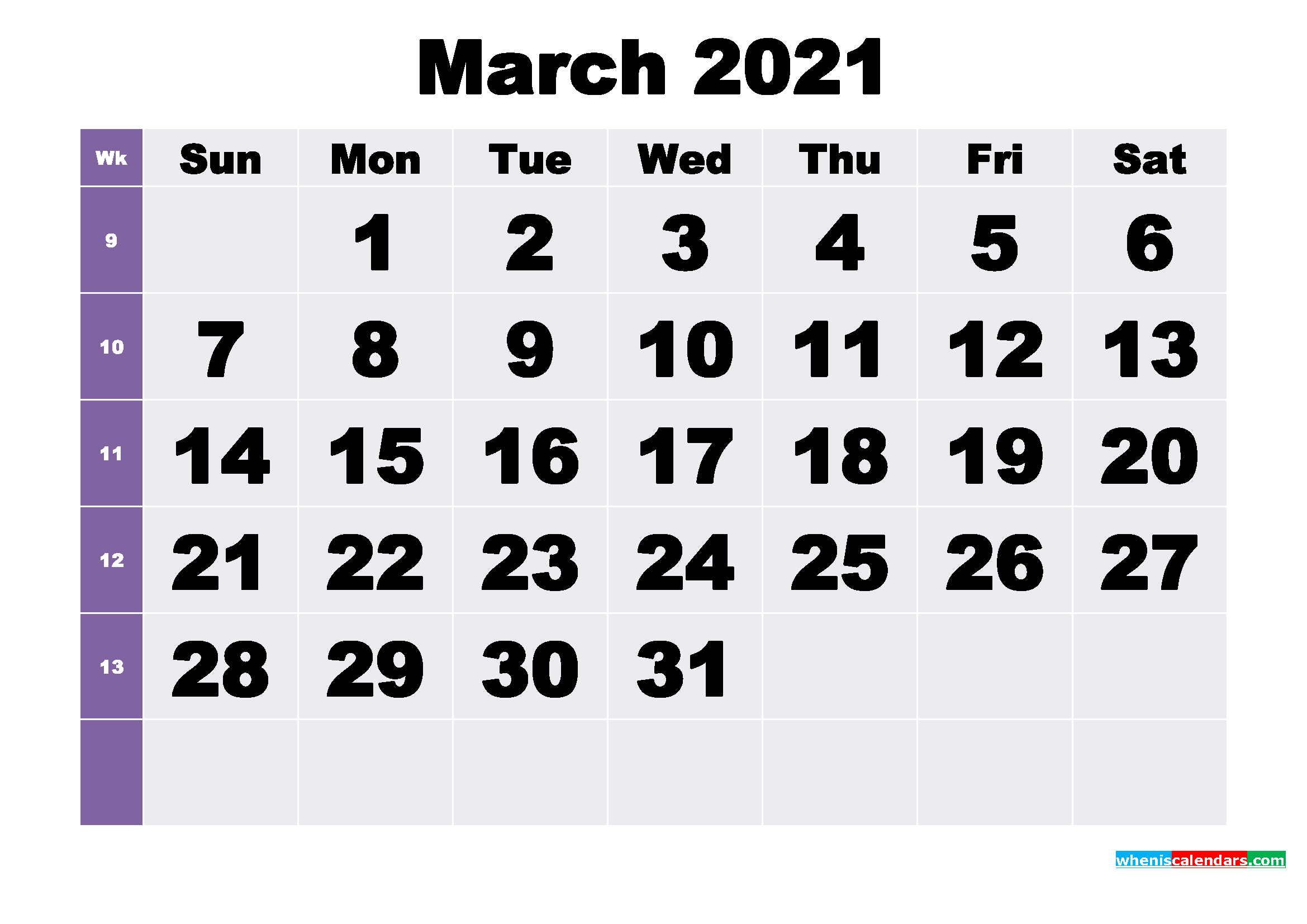 Free March 2021 Printable Monthly Calendar Template
