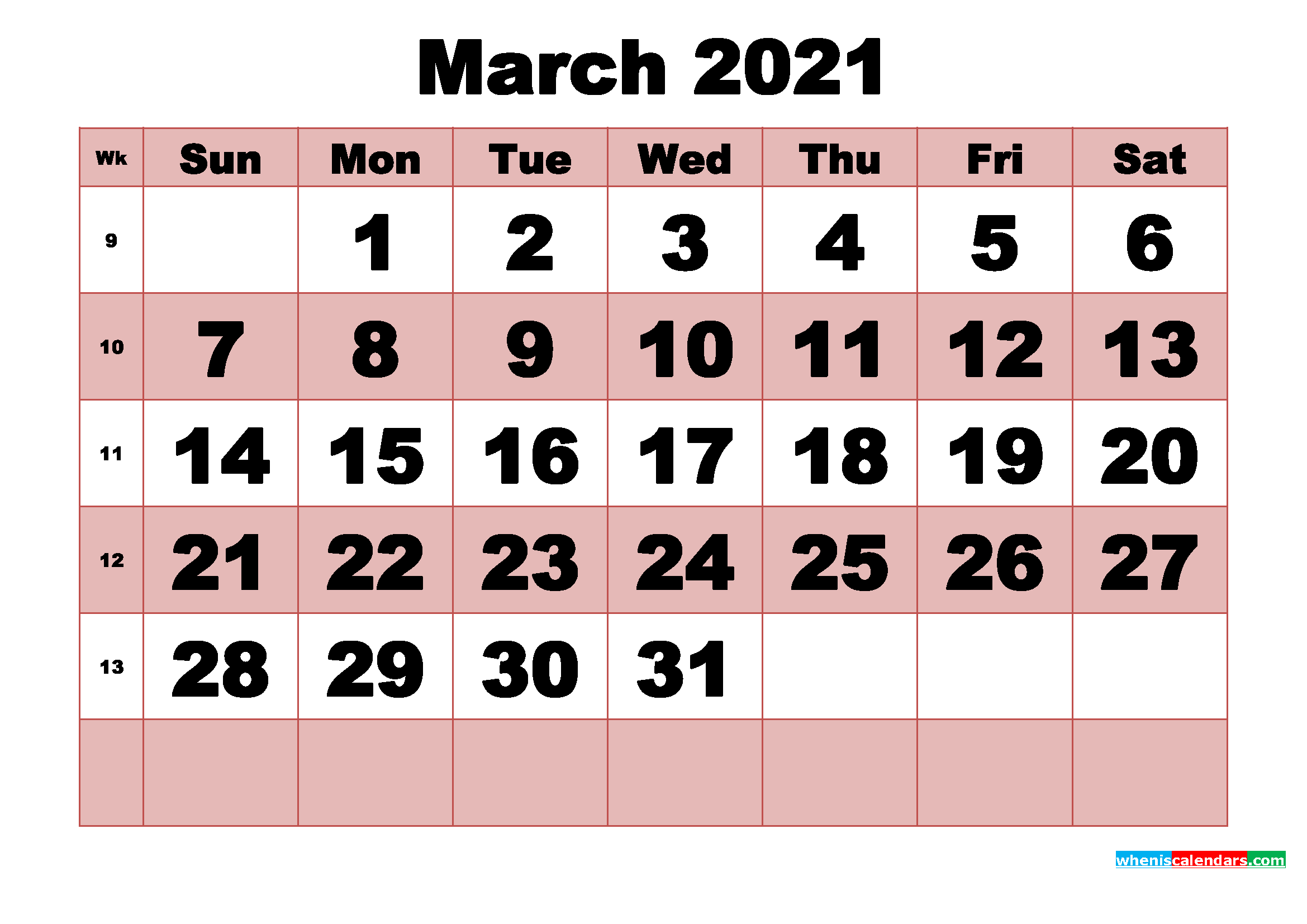 Free Printable Monthly Calendar March 2021