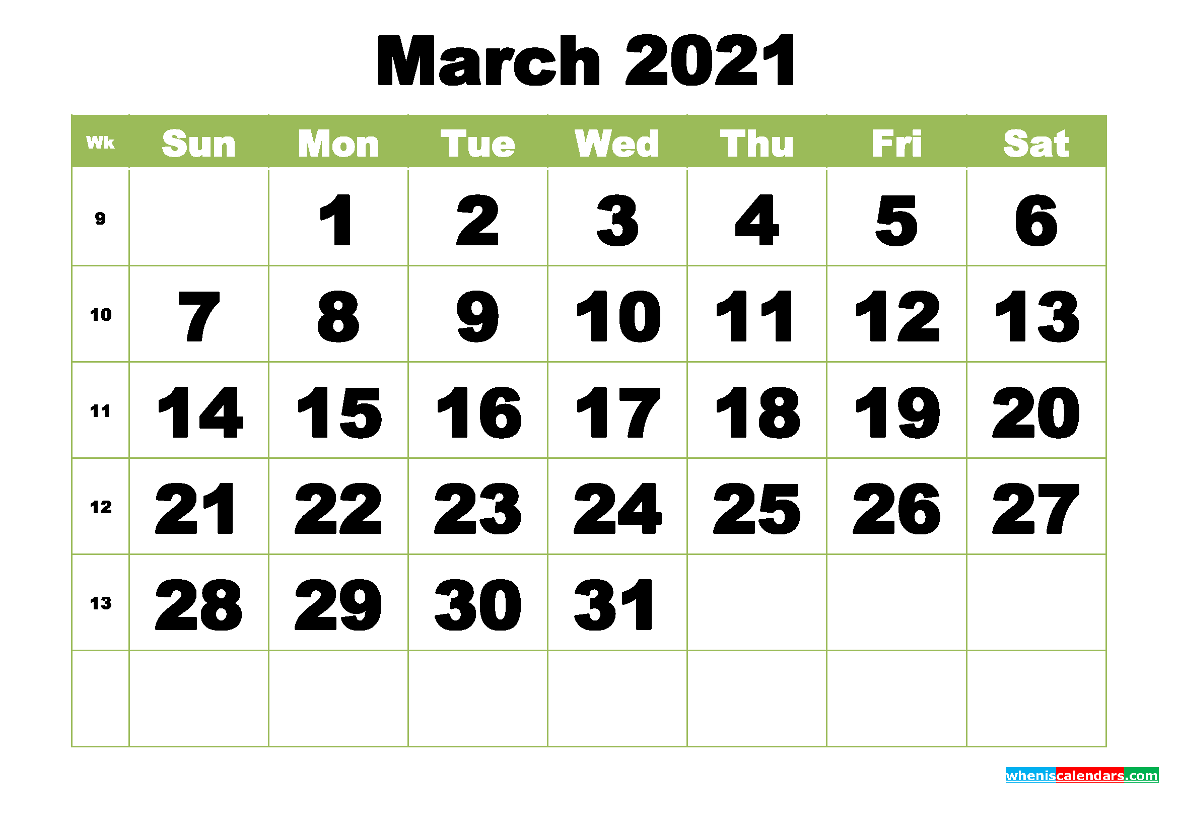 Free Printable Monthly Calendar March 2021