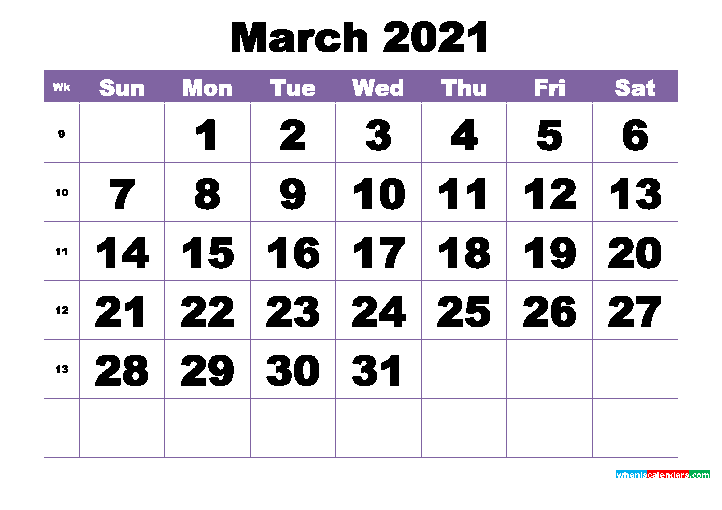 March 2021 Printable Calendar Template