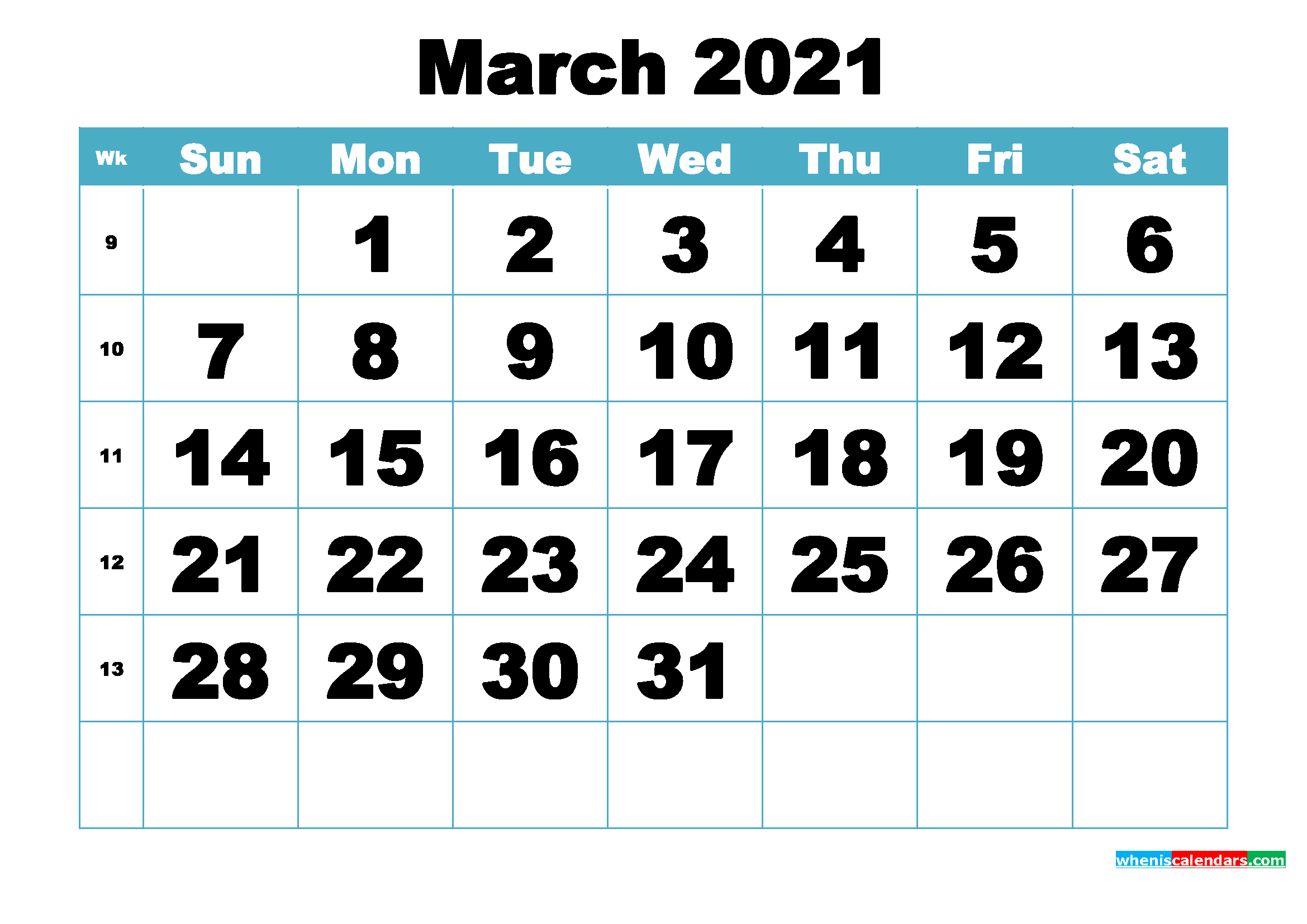 Free March 2021 Printable Monthly Calendar Template