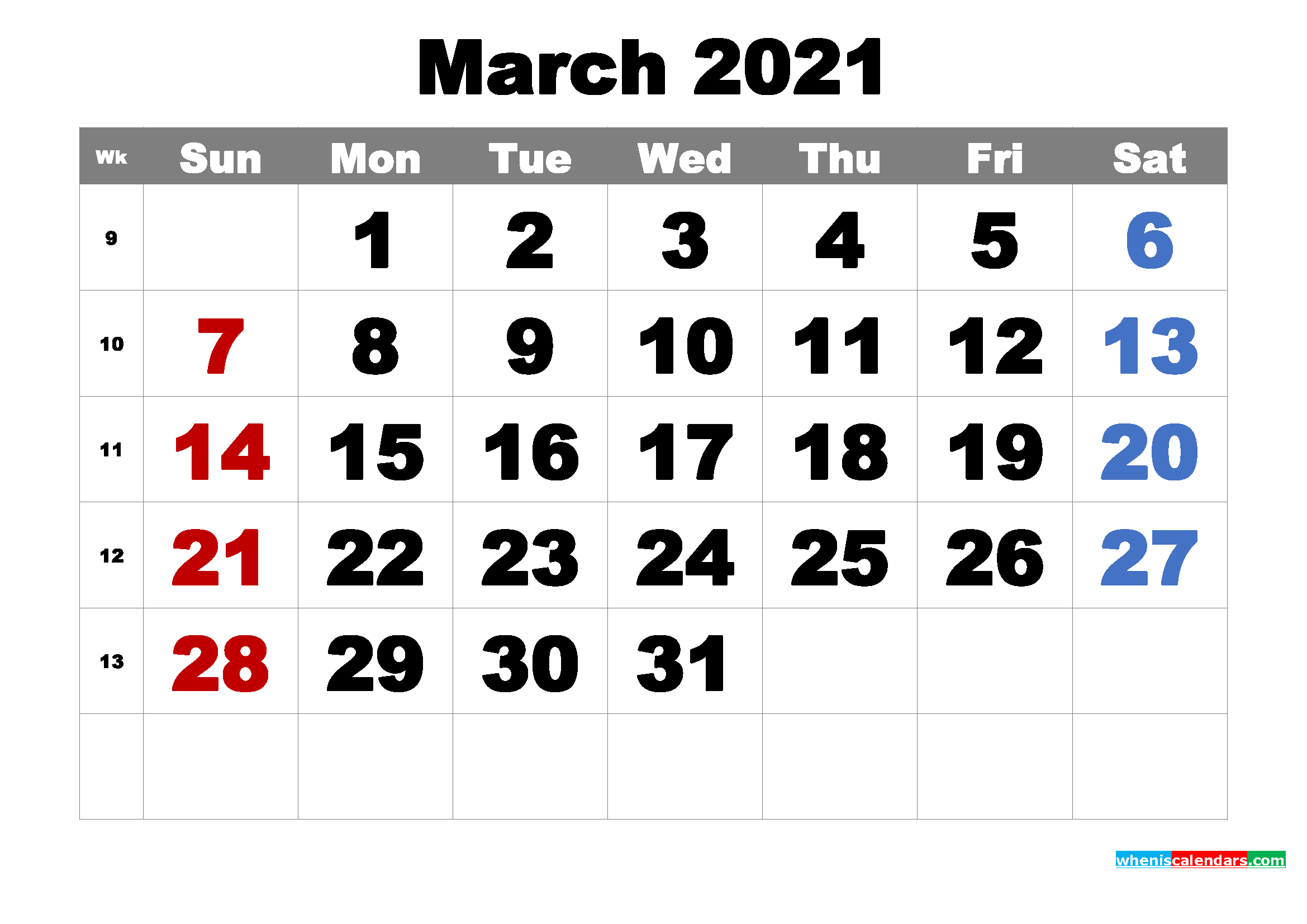 Free Printable March 2021 Calendar Word Pdf Image