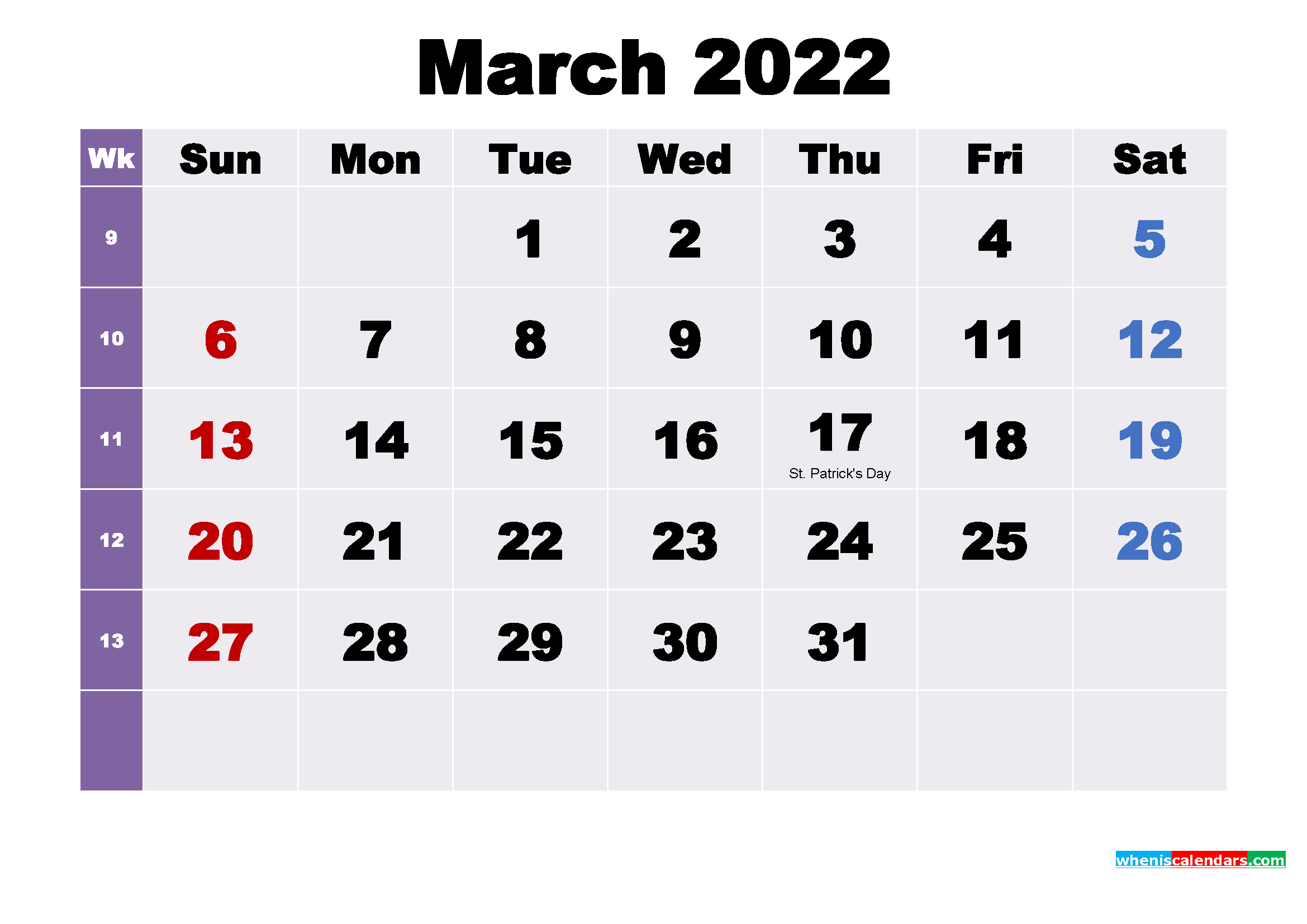 Printable March 2022 Calendar with Holidays Word, PDF