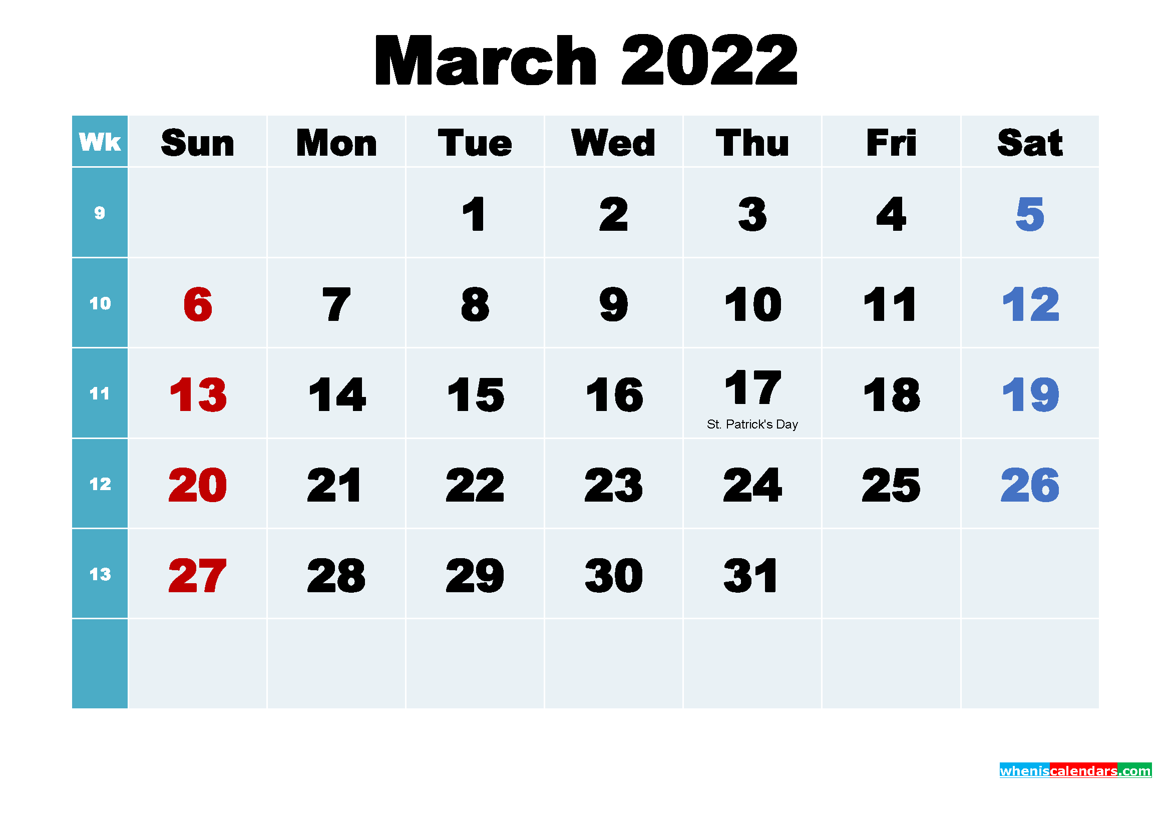 Free March 2022 Printable Calendar with Holidays