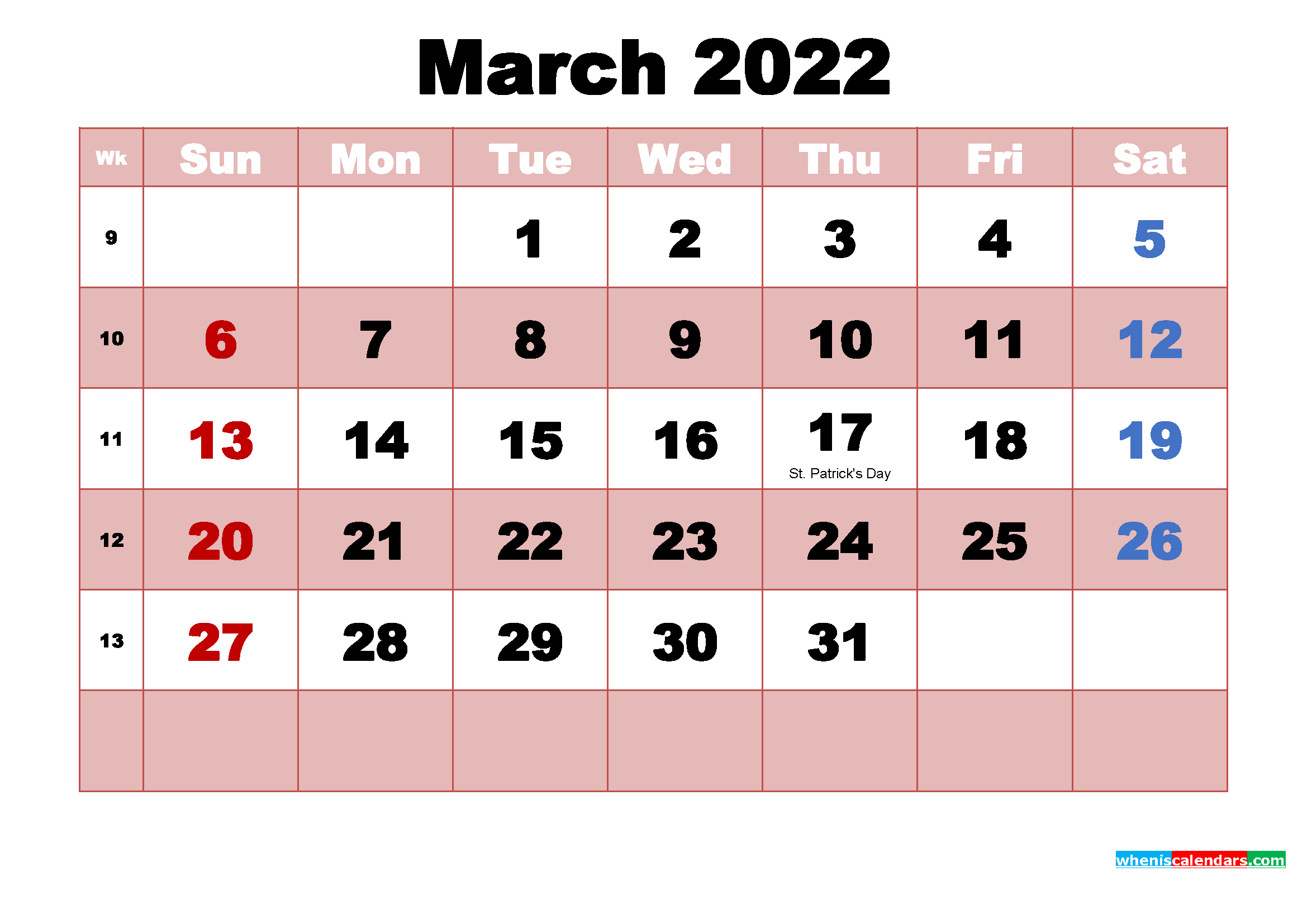 March 2022 Printable Monthly Calendar with Holidays