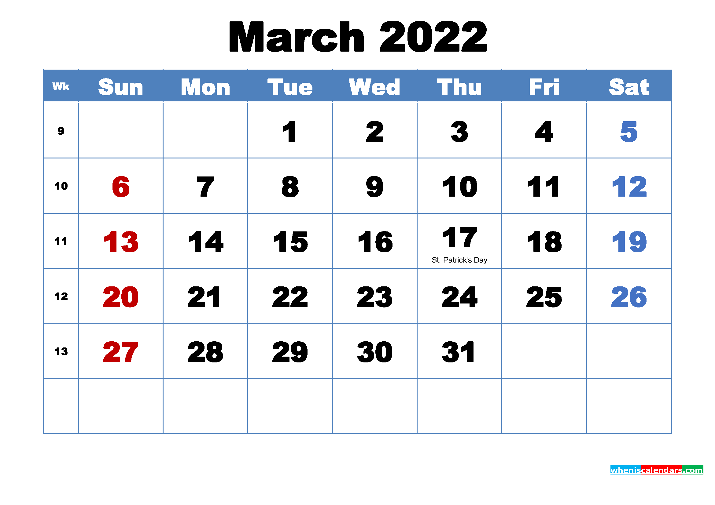 Free Printable March 2022 Calendar With Holidays