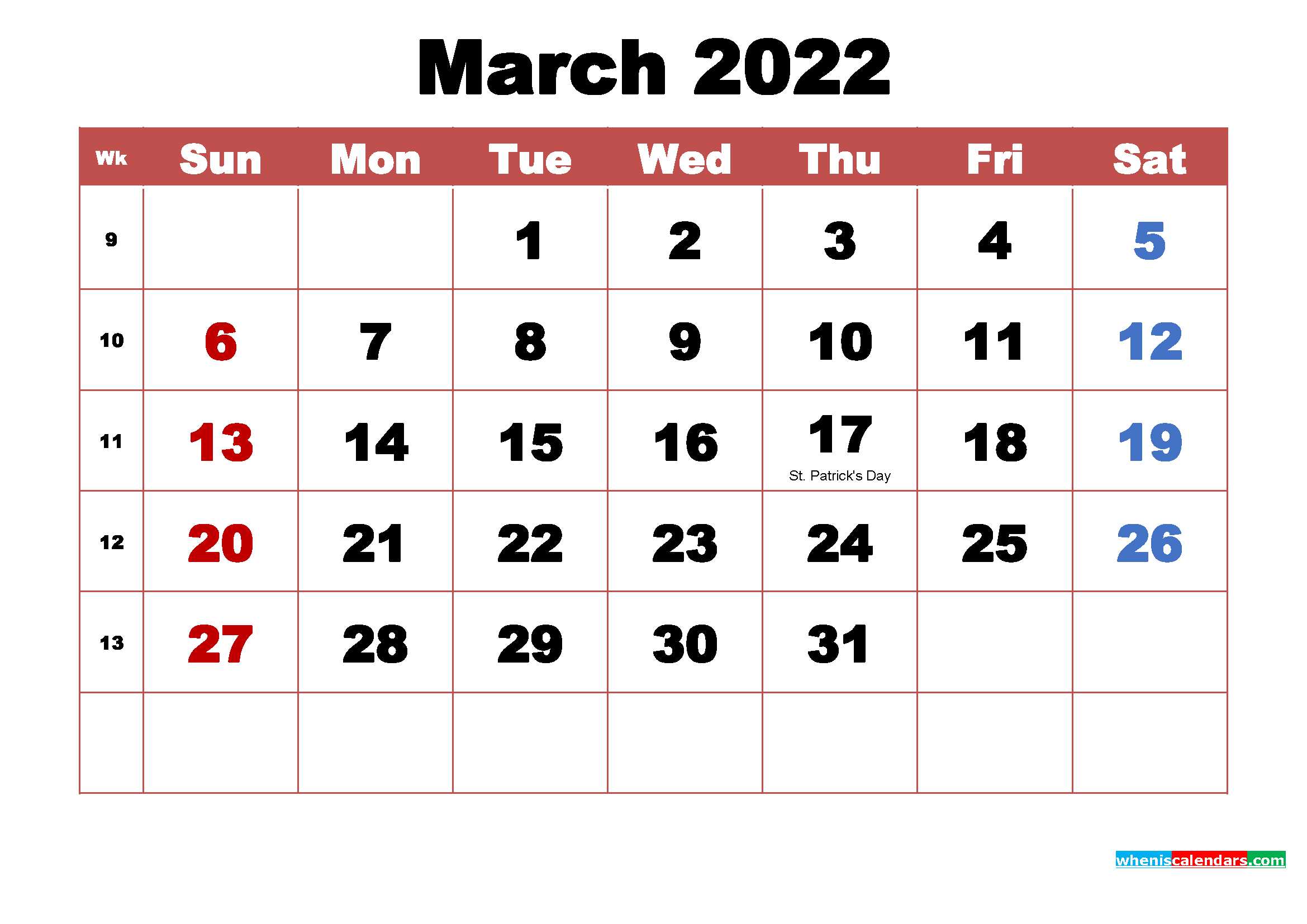 Printable March 2022 Calendar With Holidays Word PDF
