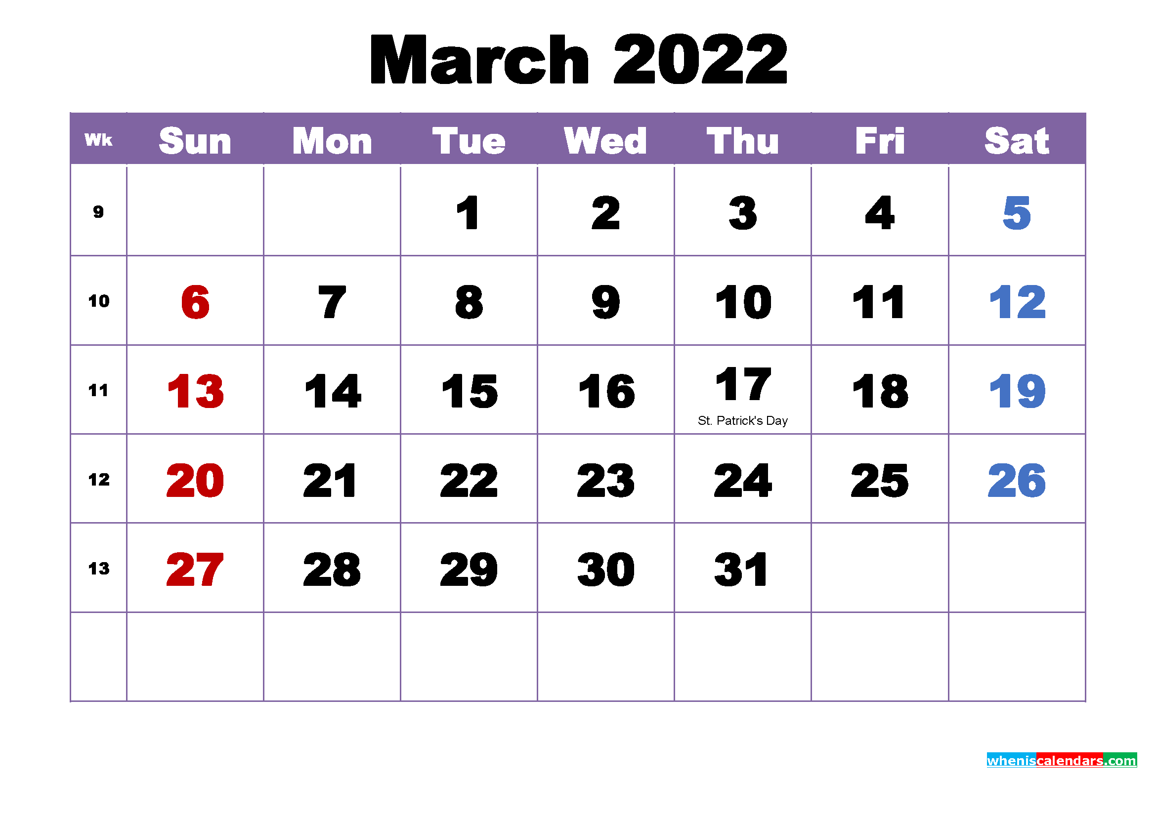 March 2022 Printable Calendar with Holidays Word, PDF