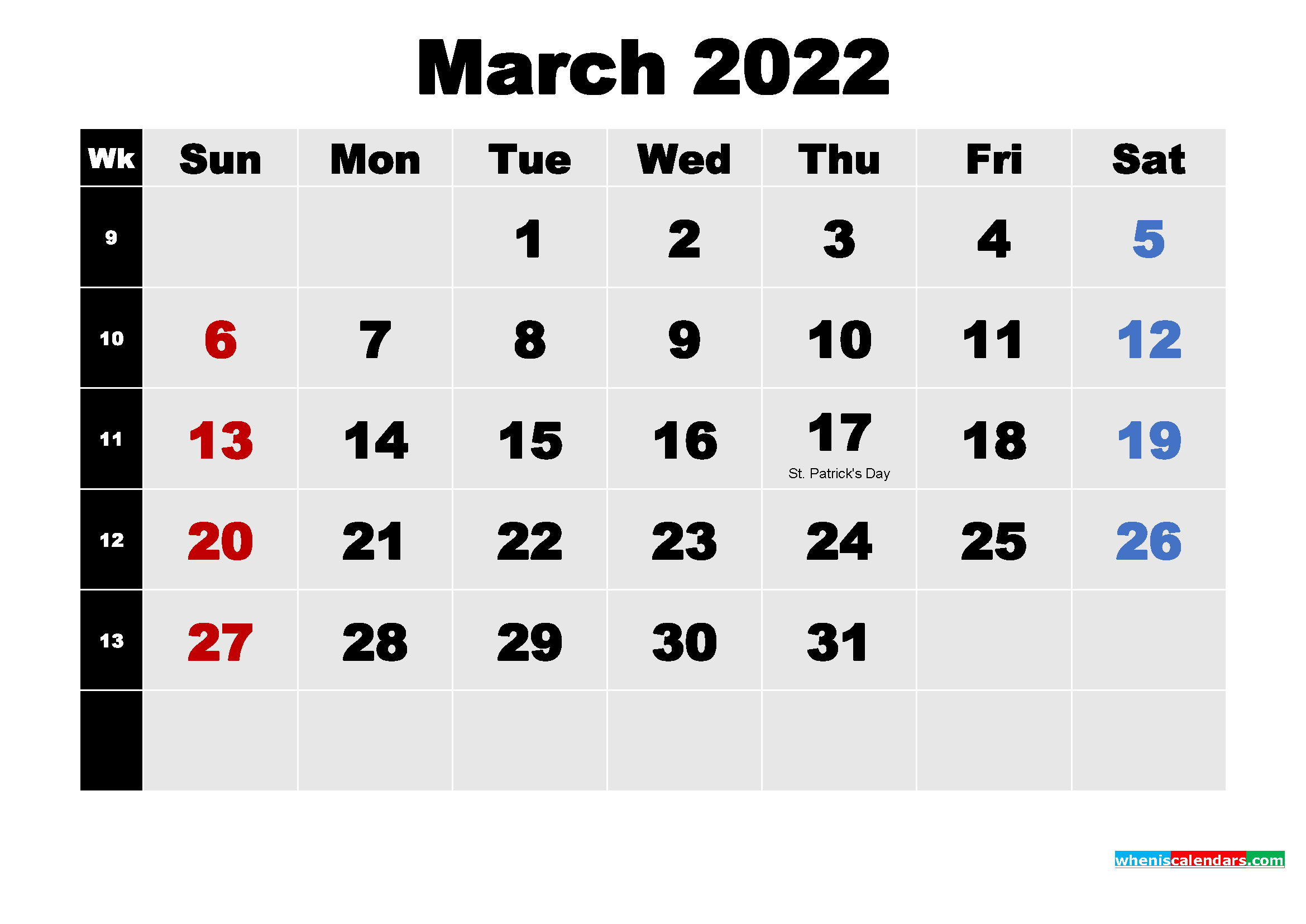Printable 2022 Calendar with Holidays March