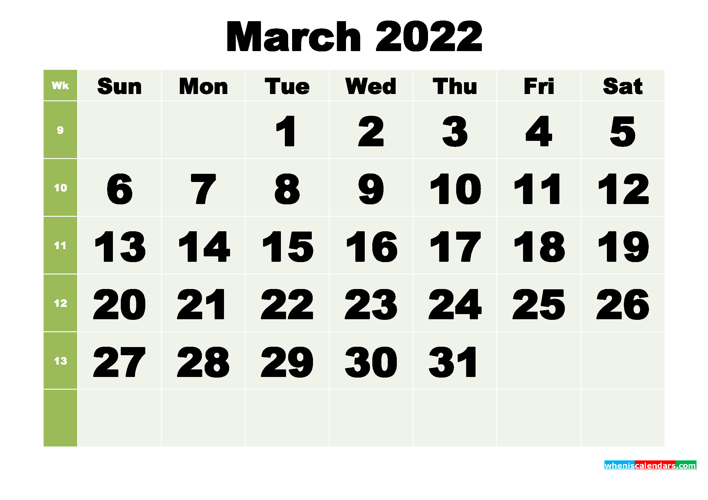 March 2022 Printable Calendar Template