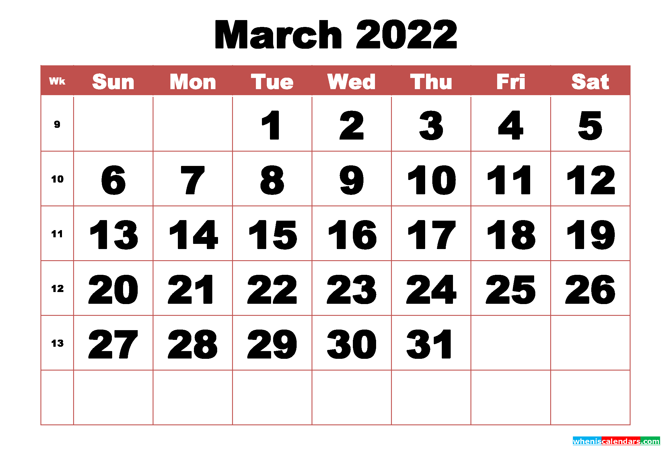Free Printable March 2022 Calendar with Week Numbers