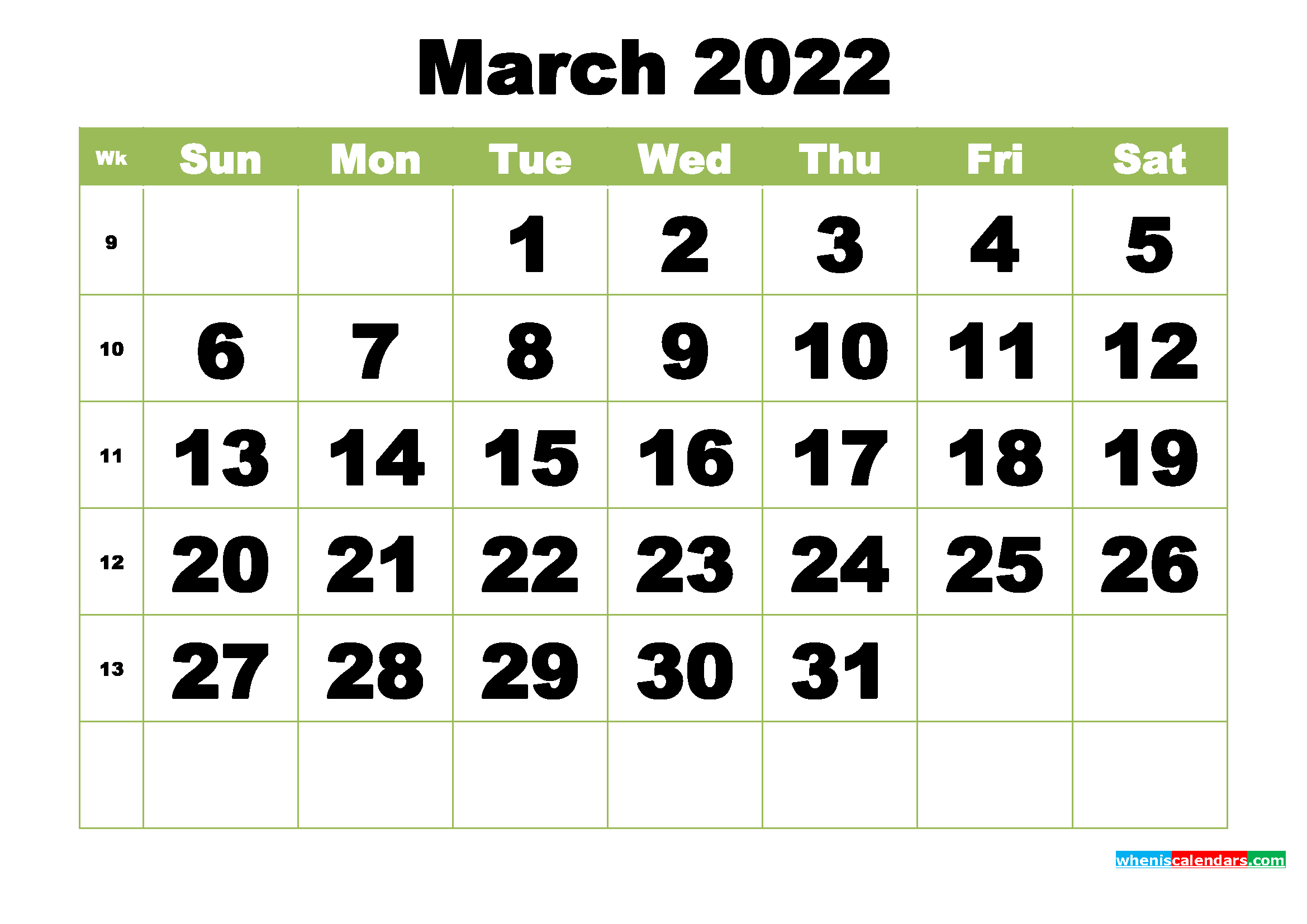 Free Printable Monthly Calendar March 2022
