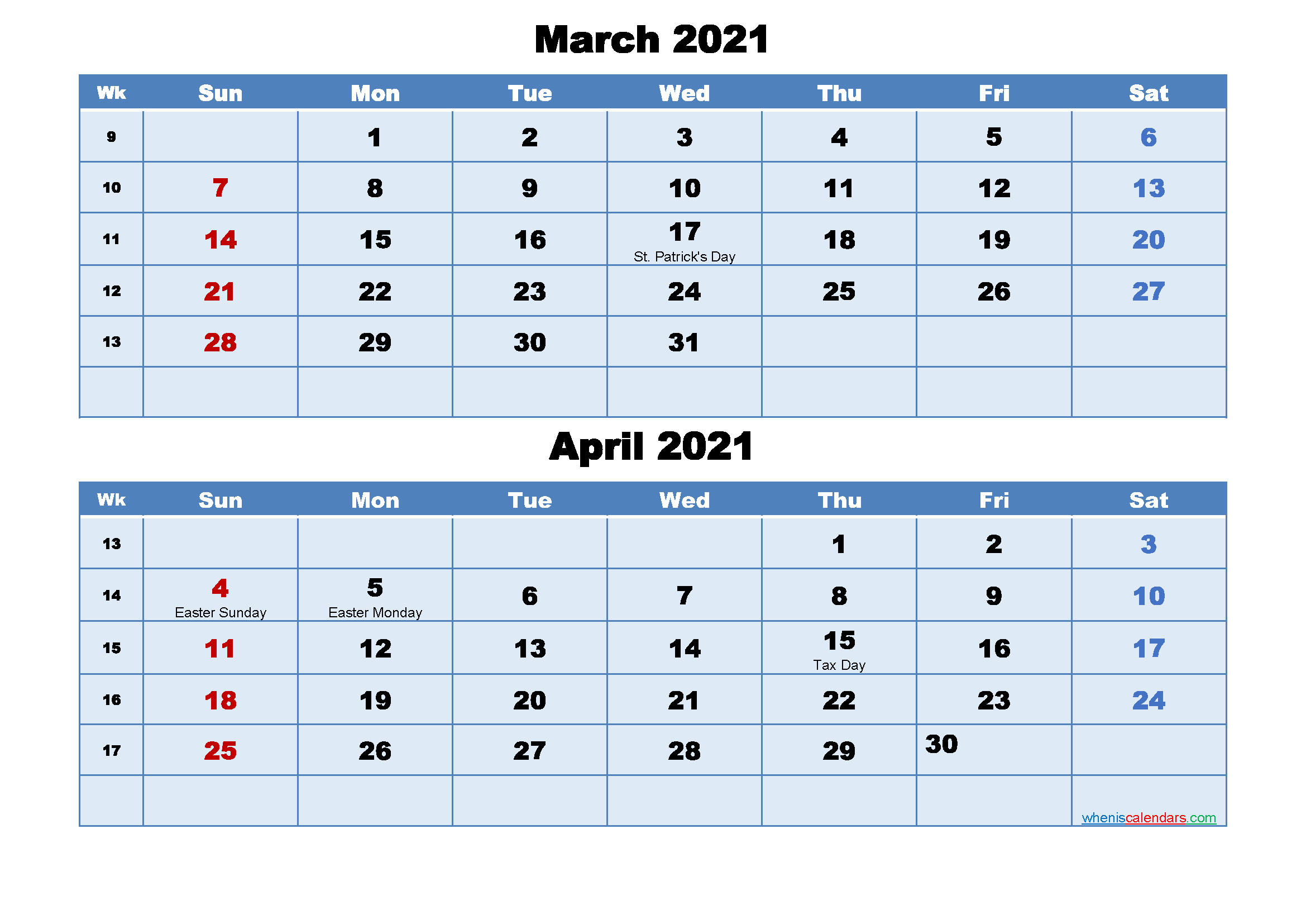 March and April 2021 Calendar with Holidays