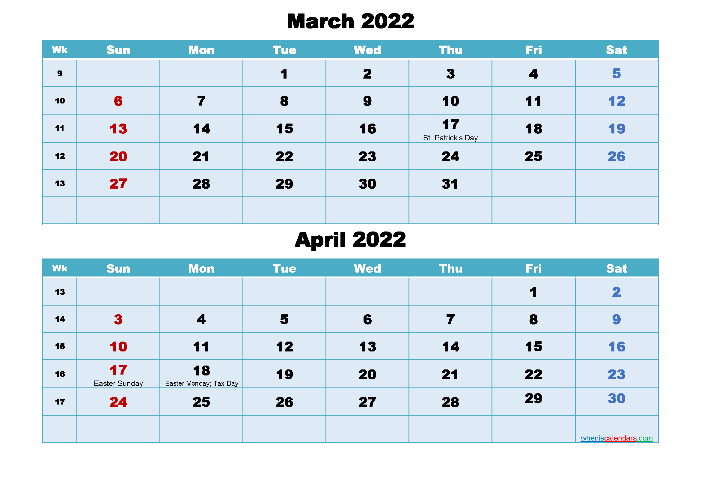 March and April 2022 Calendar with Holidays