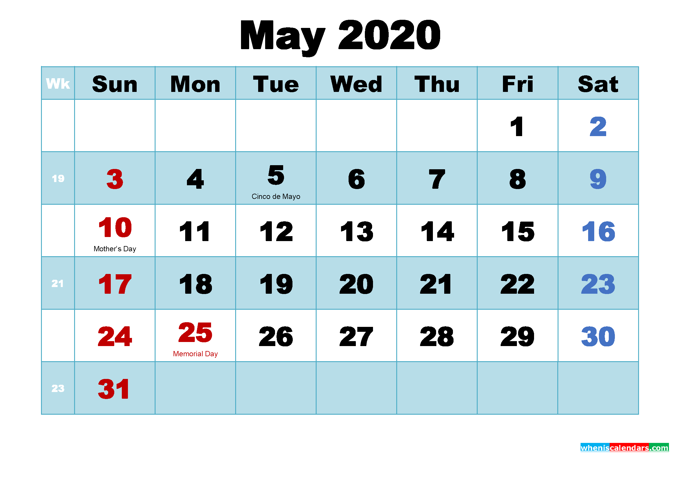 Free Printable May 2020 Calendar with Holidays as Word, PDF