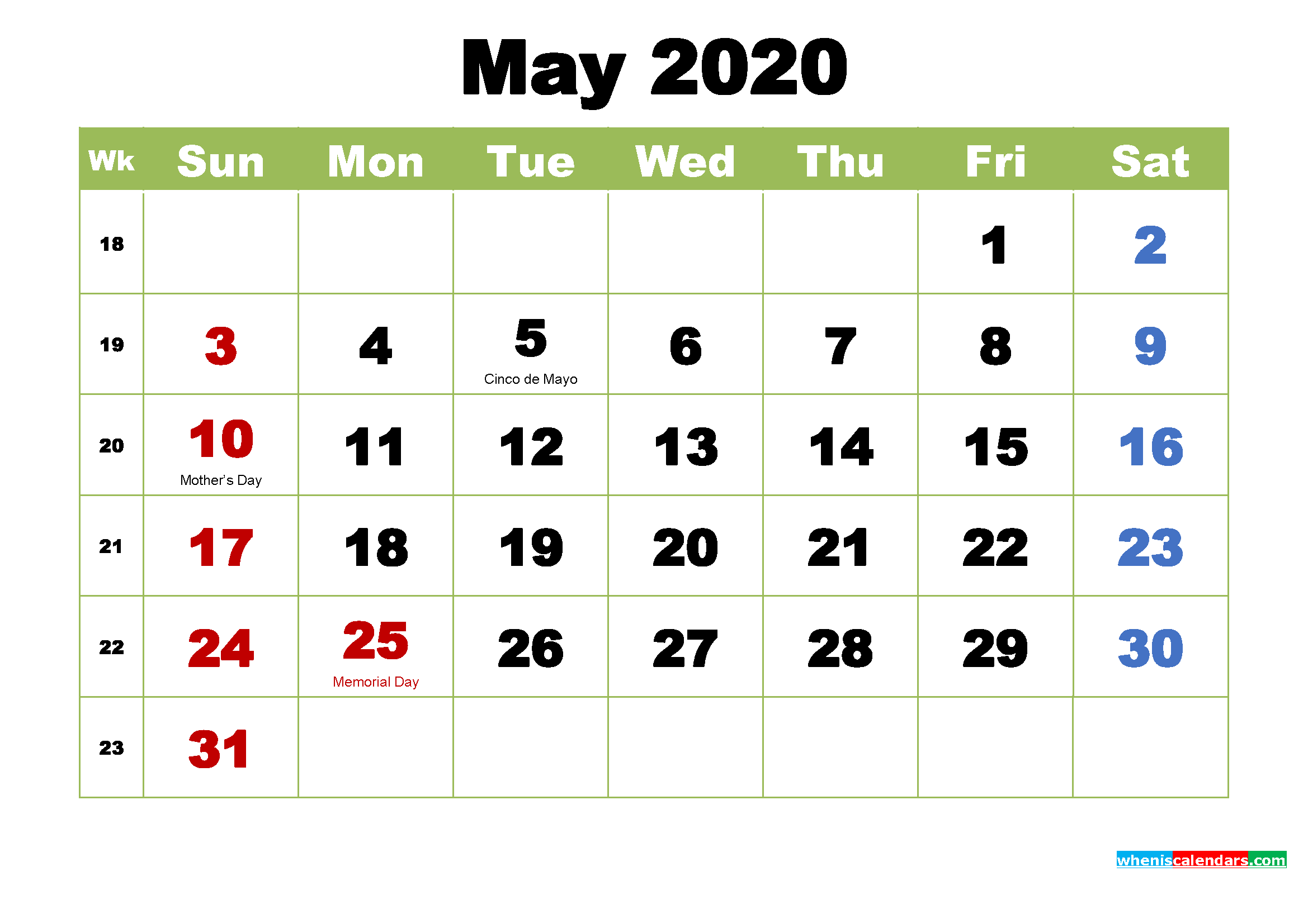 Free May 2020 Printable Calendar with Holidays
