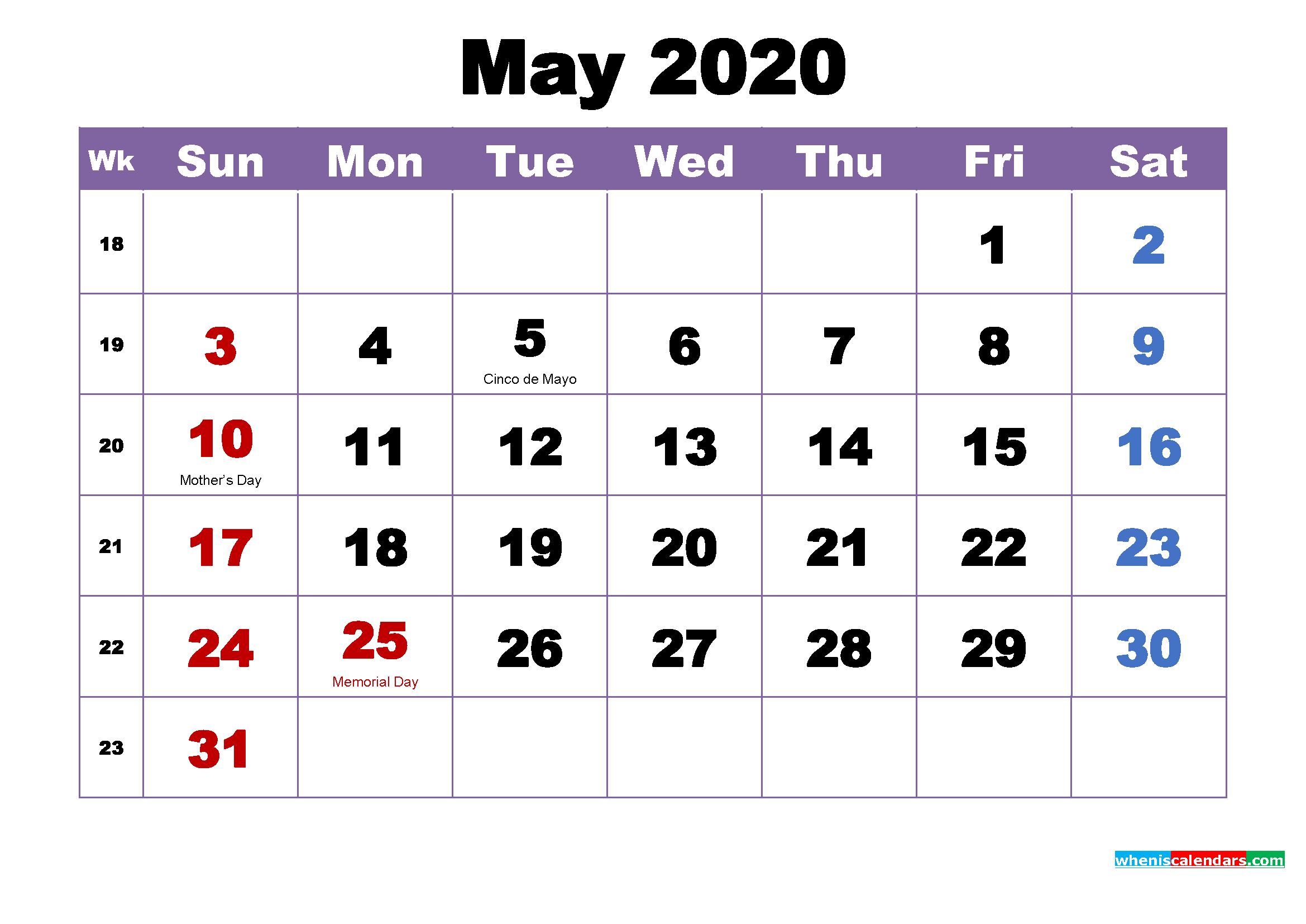 May 2020 Printable Calendar with Holidays Word, PDF