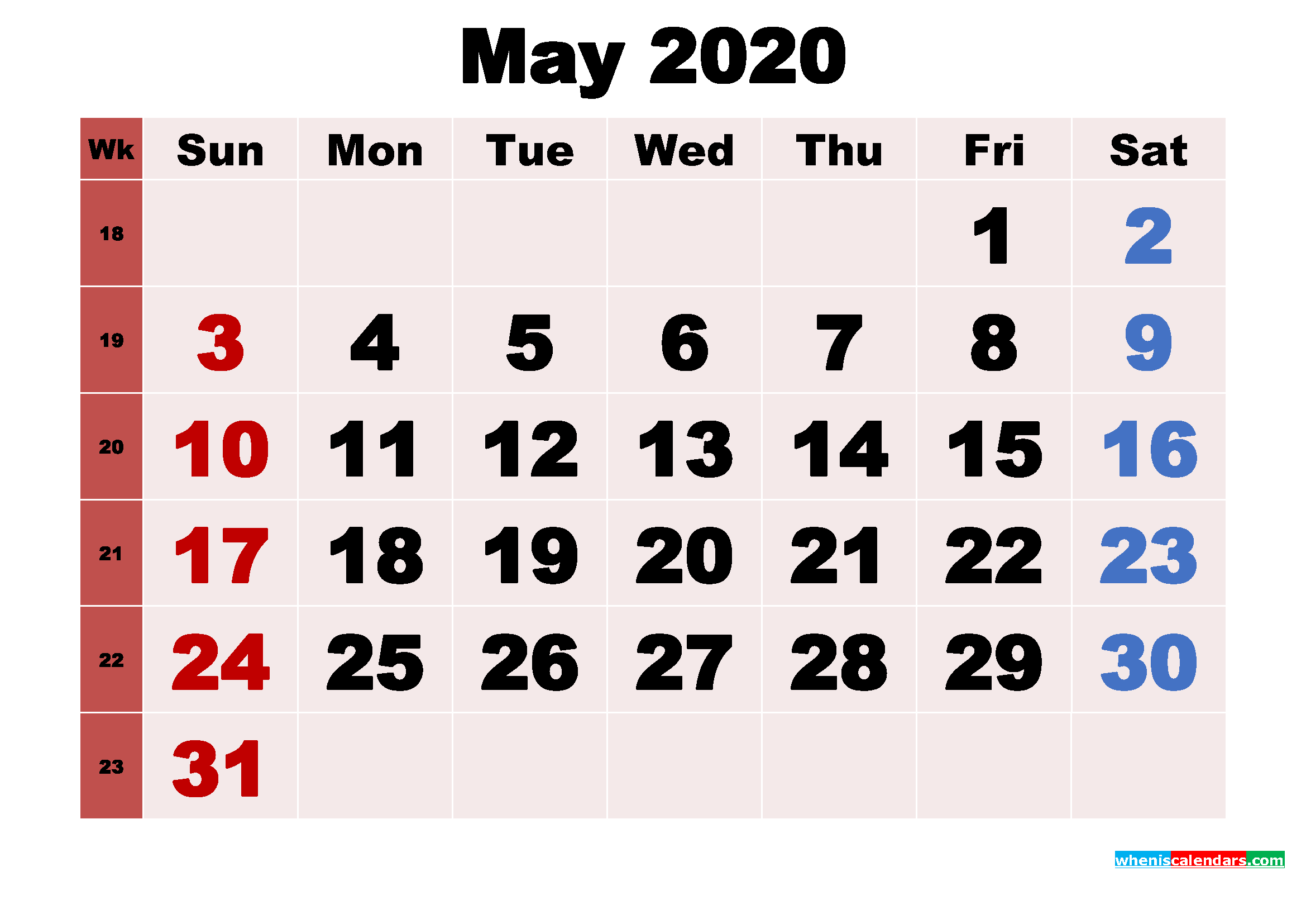 Free Printable Monthly Calendar May 2020