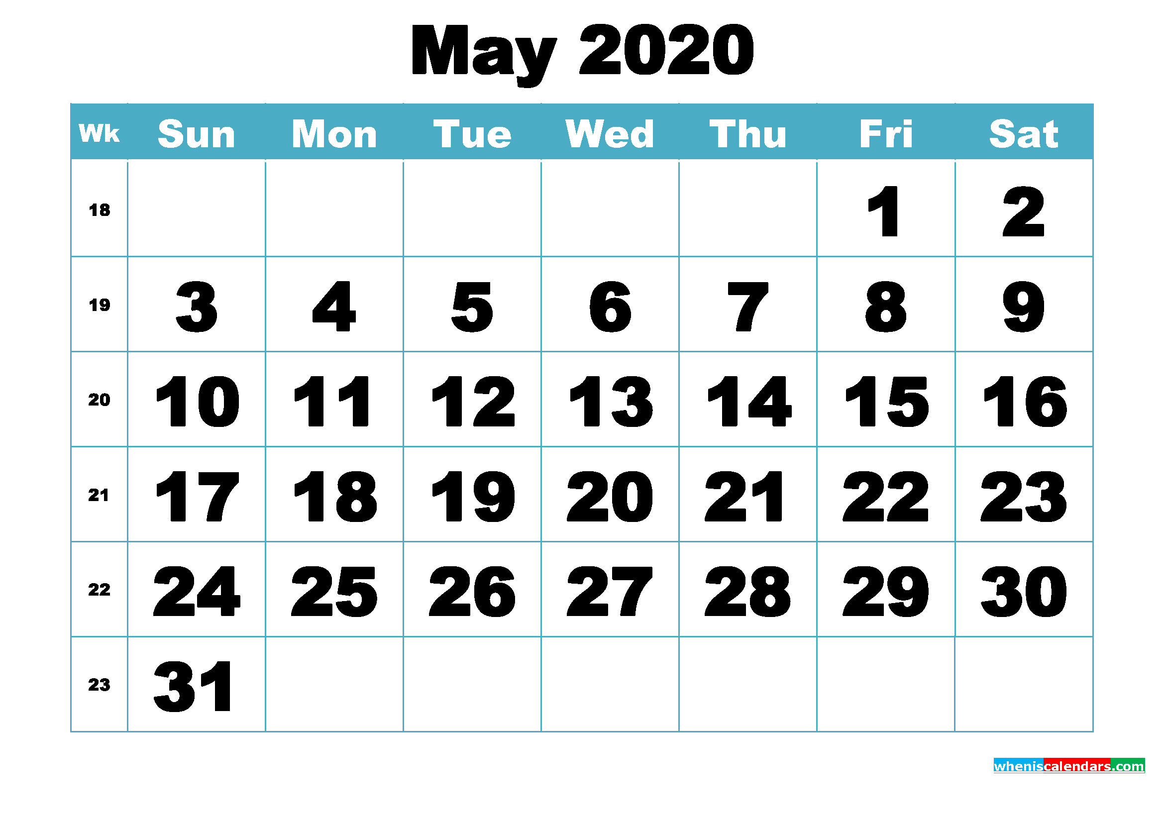 Free May 2020 Printable Monthly Calendar Template