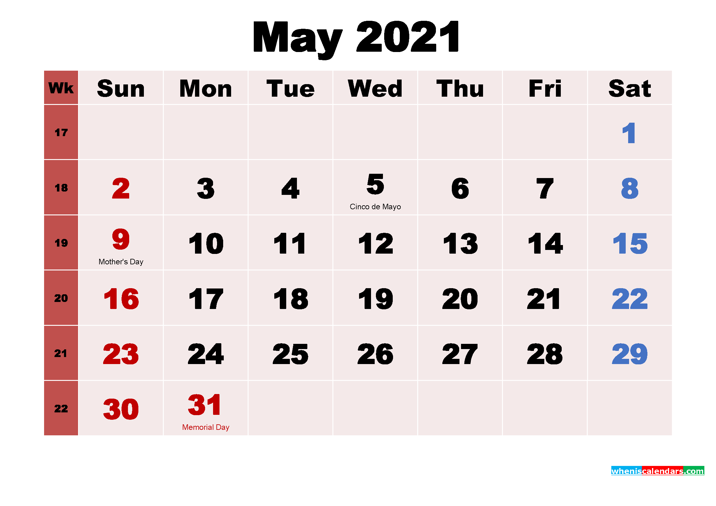 Free Printable May 2021 Calendar with Holidays as Word, PDF