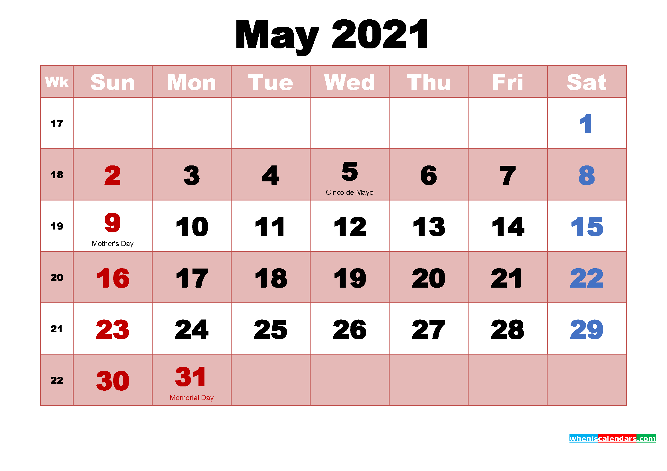 May 2021 Printable Monthly Calendar with Holidays