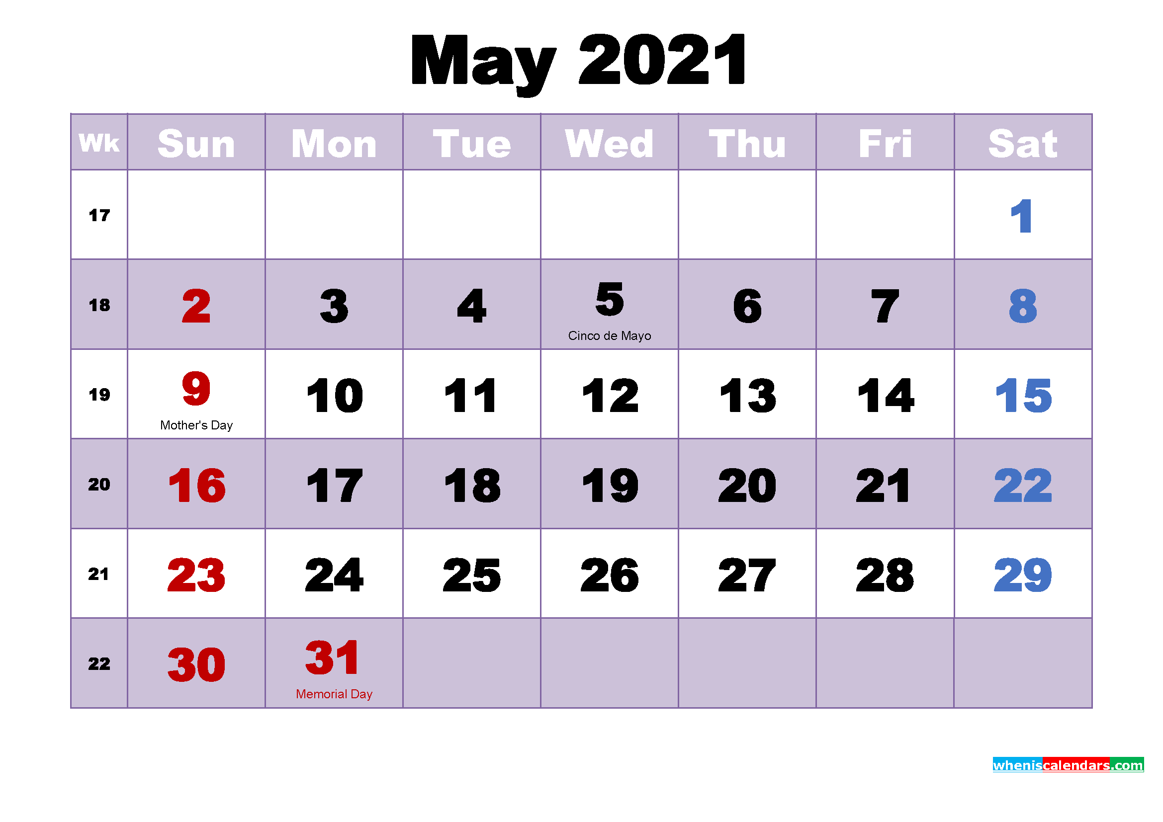 Free 2021 Printable Calendar May as Word, PDF