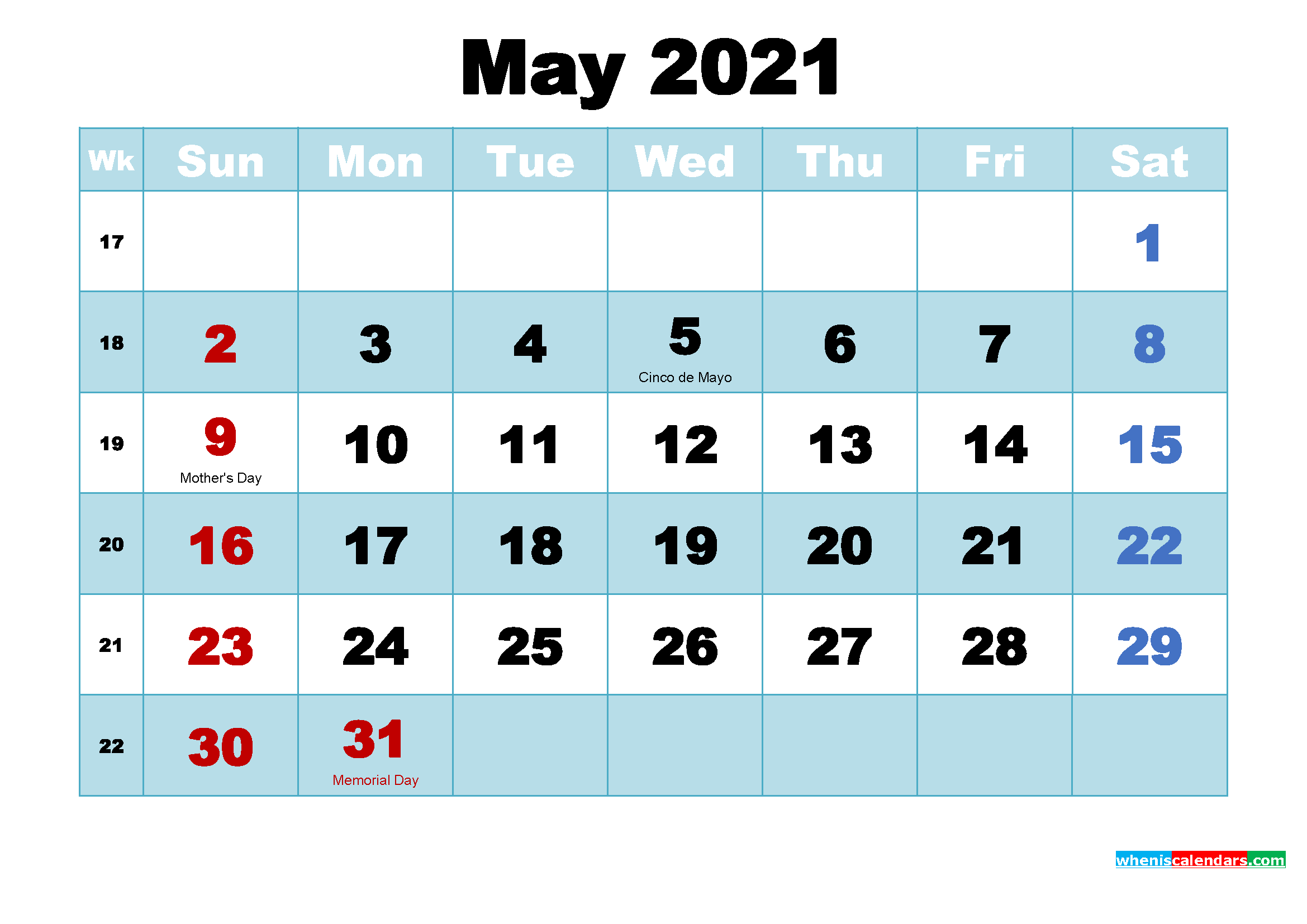 Free Printable May 2021 Calendar with Holidays as Word ...