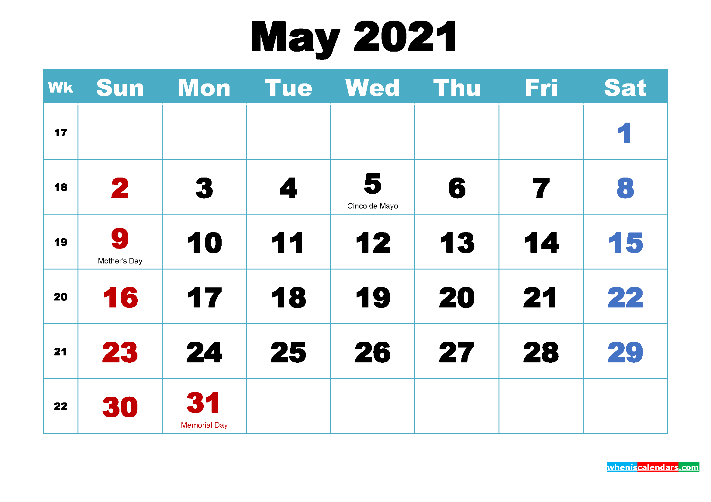 Free Printable 2021 Calendar May as Word, PDF