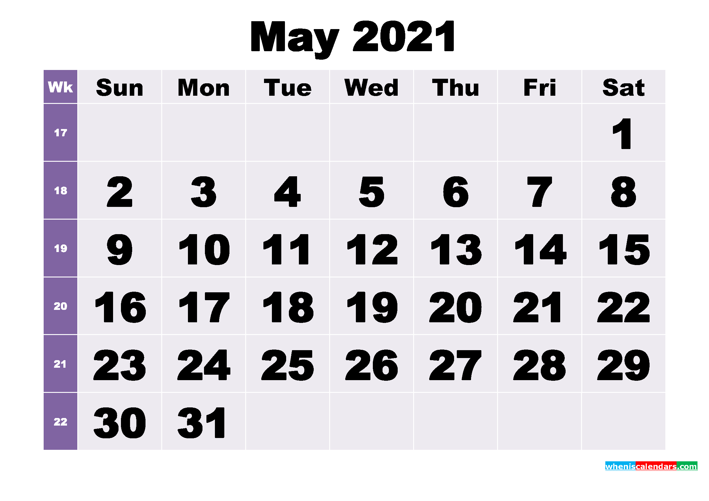 Free May 2021 Printable Monthly Calendar Template