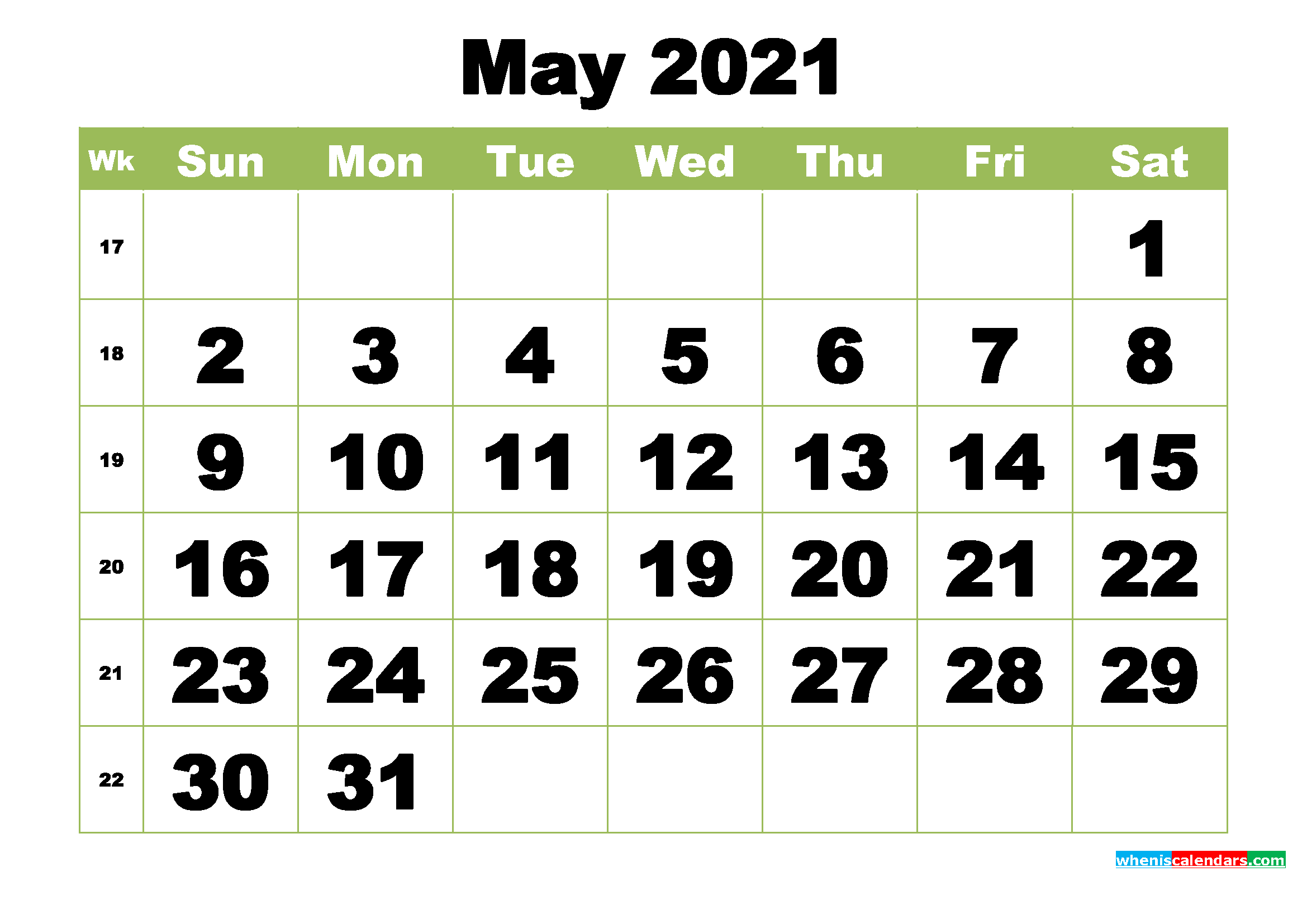 Free Printable Monthly Calendar May 2021