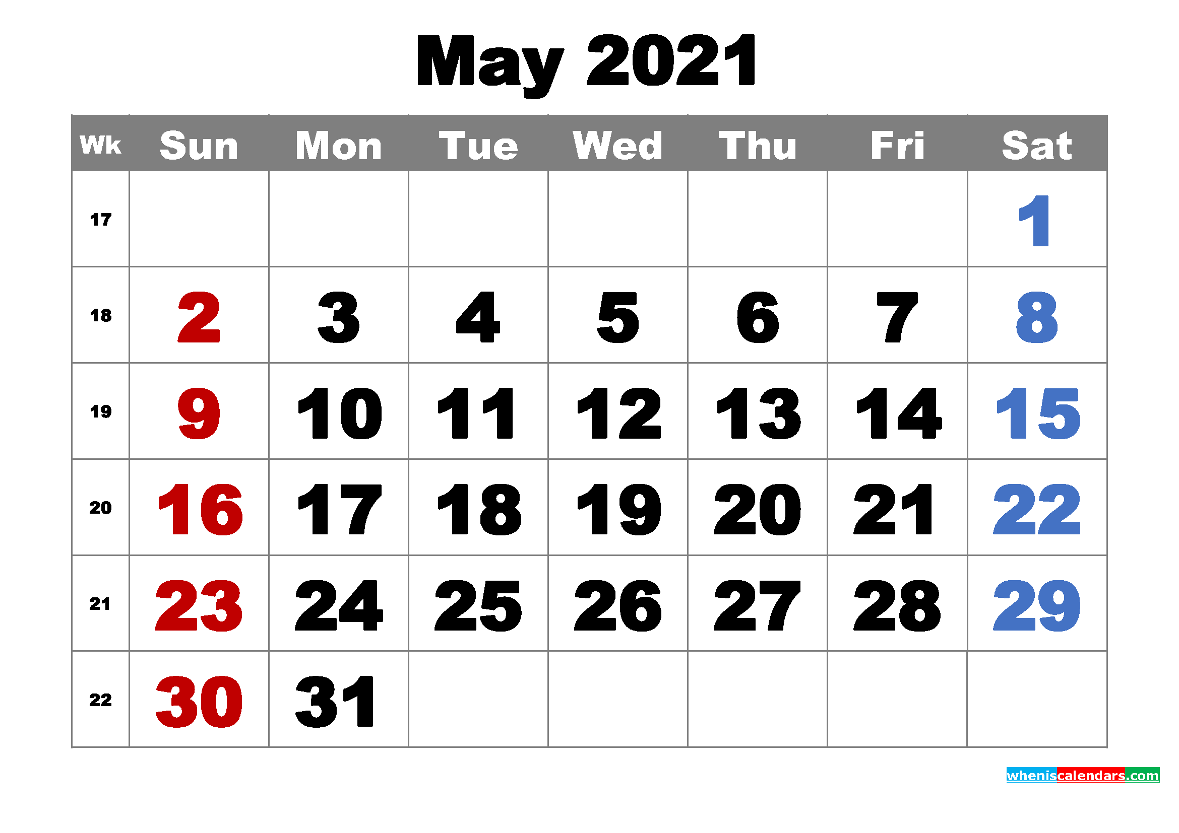 Free Printable May 2021 Calendar Word, PDF, Image