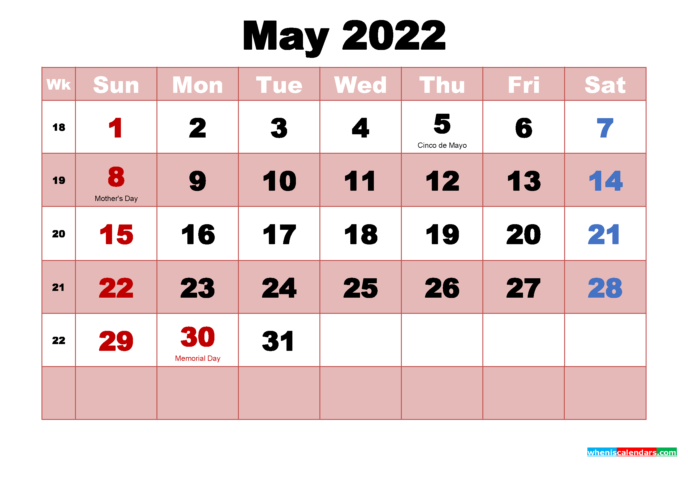 May 2022 Printable Monthly Calendar with Holidays