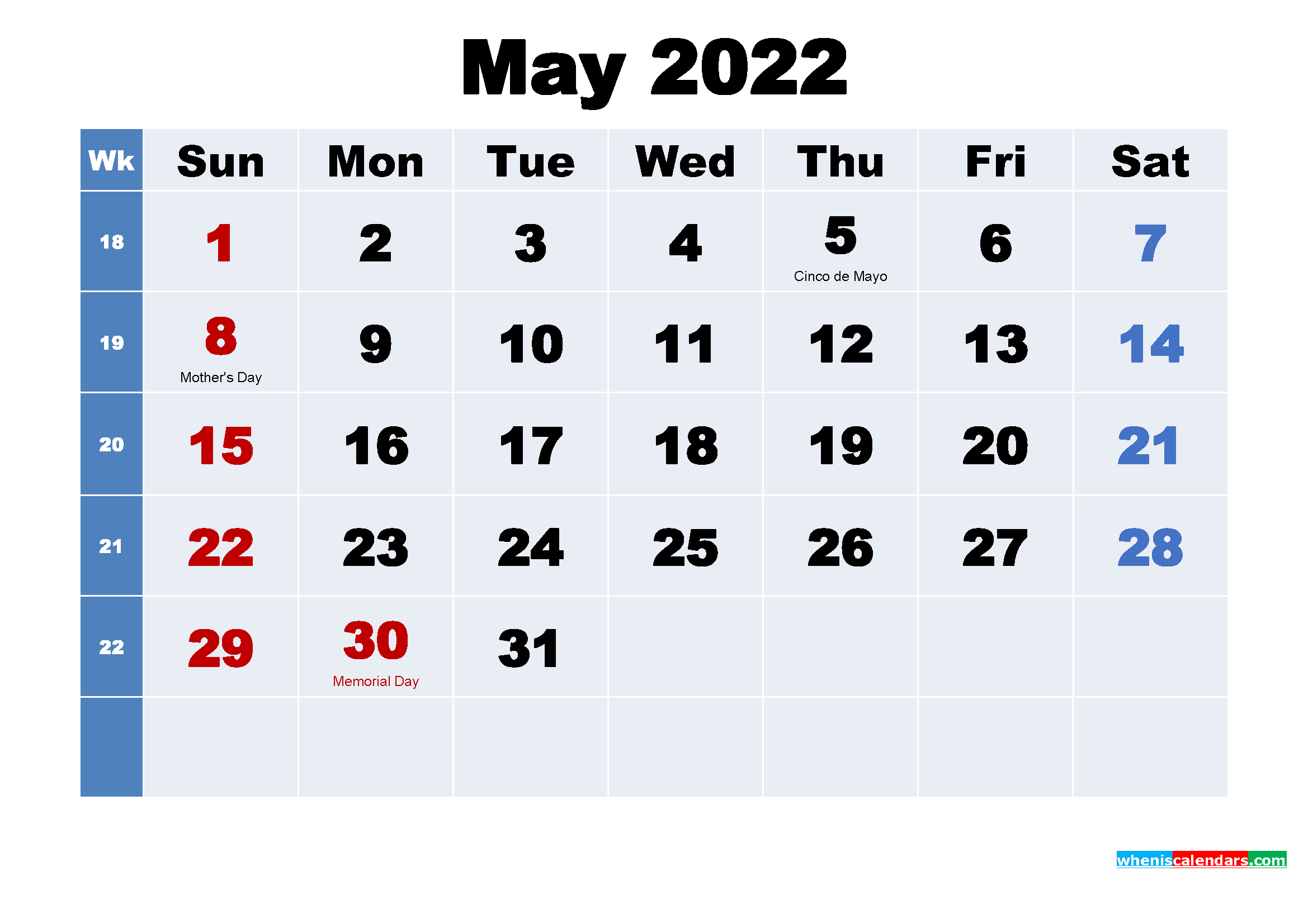 Free 2022 Printable Calendar May as Word, PDF