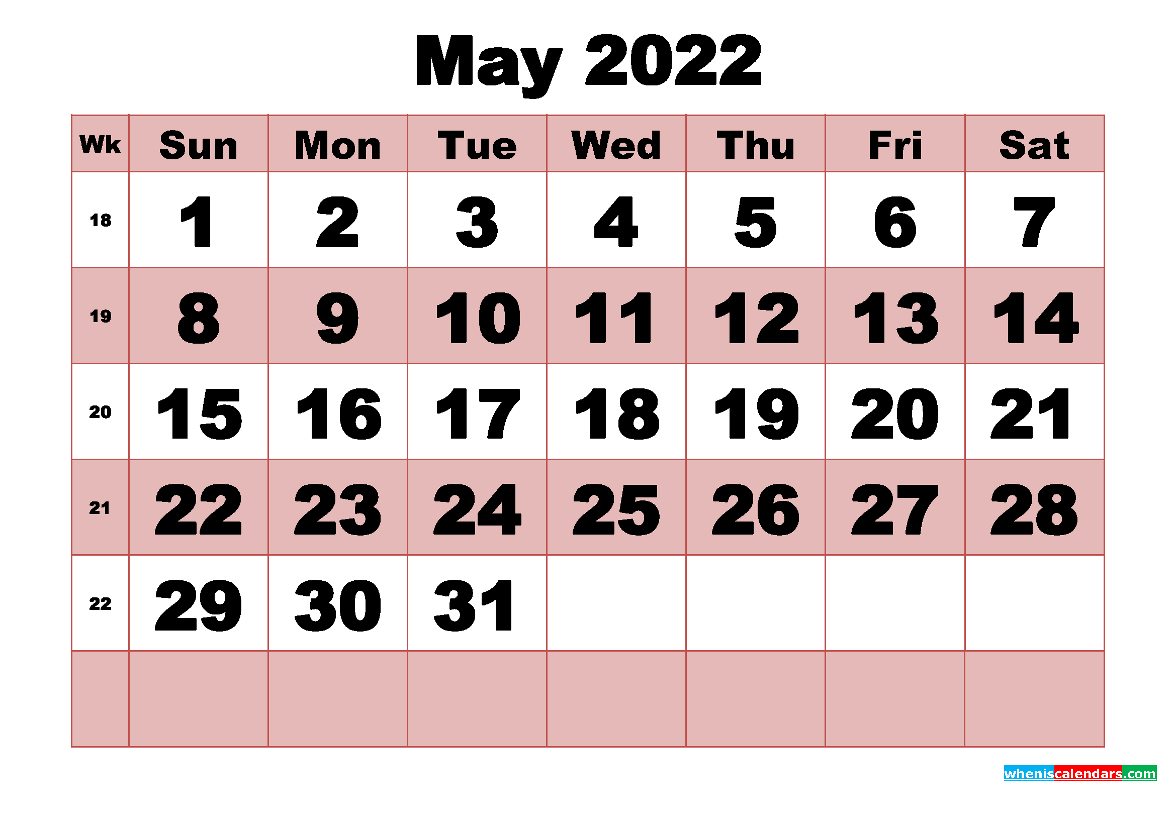 Free Printable Monthly Calendar May 2022
