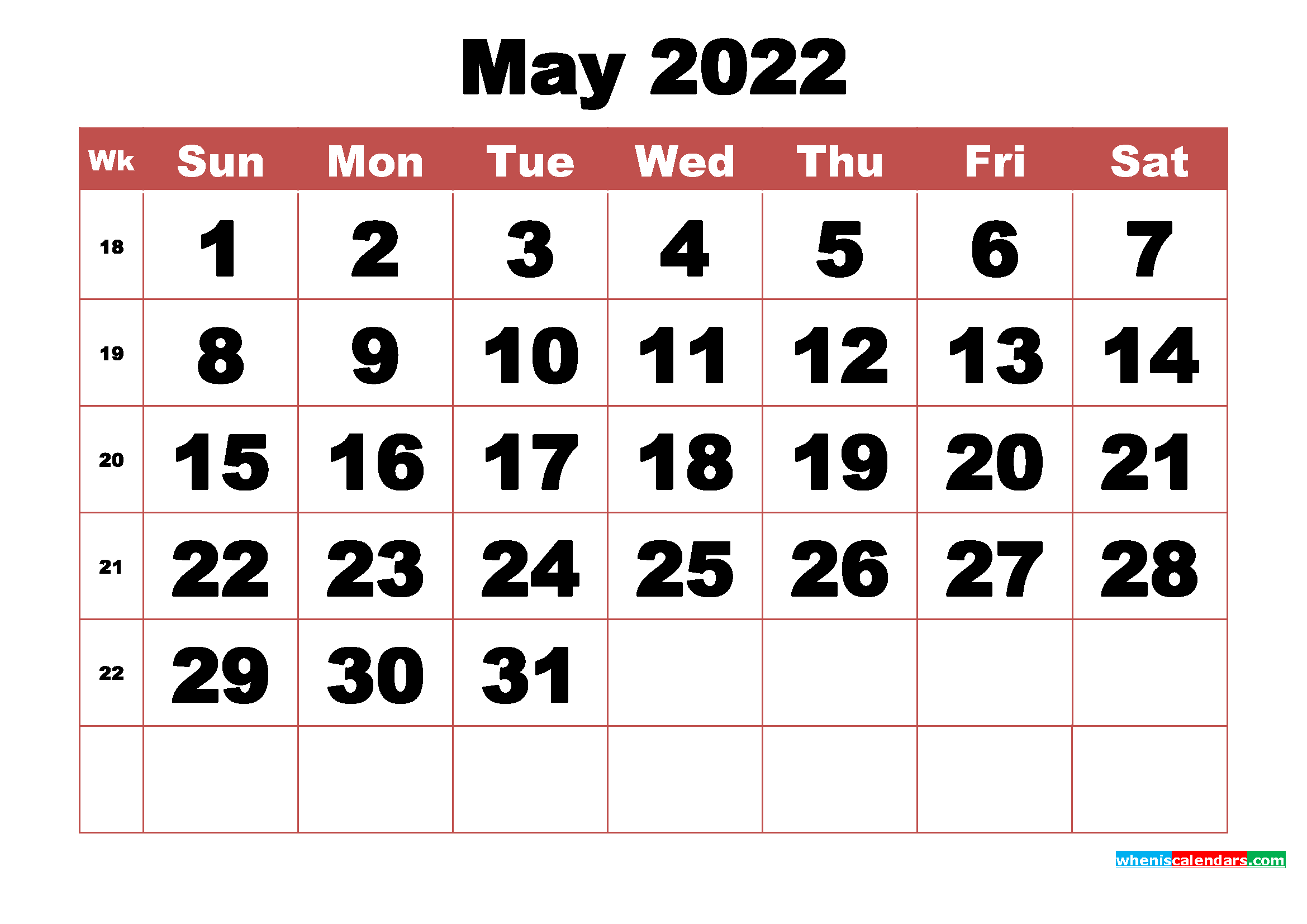 Free Printable May 2022 Calendar with Week Numbers