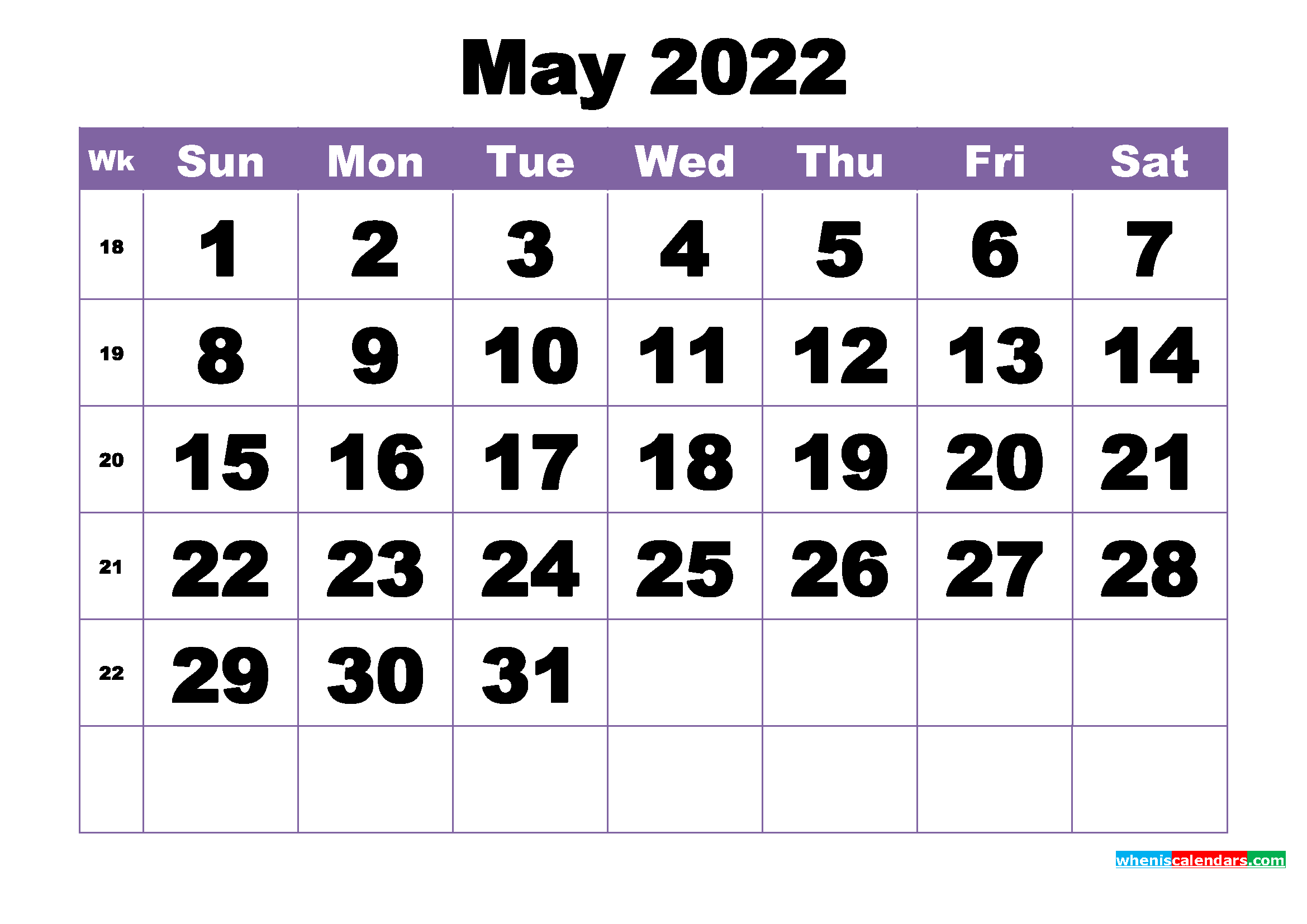 May 2022 Printable Calendar Template
