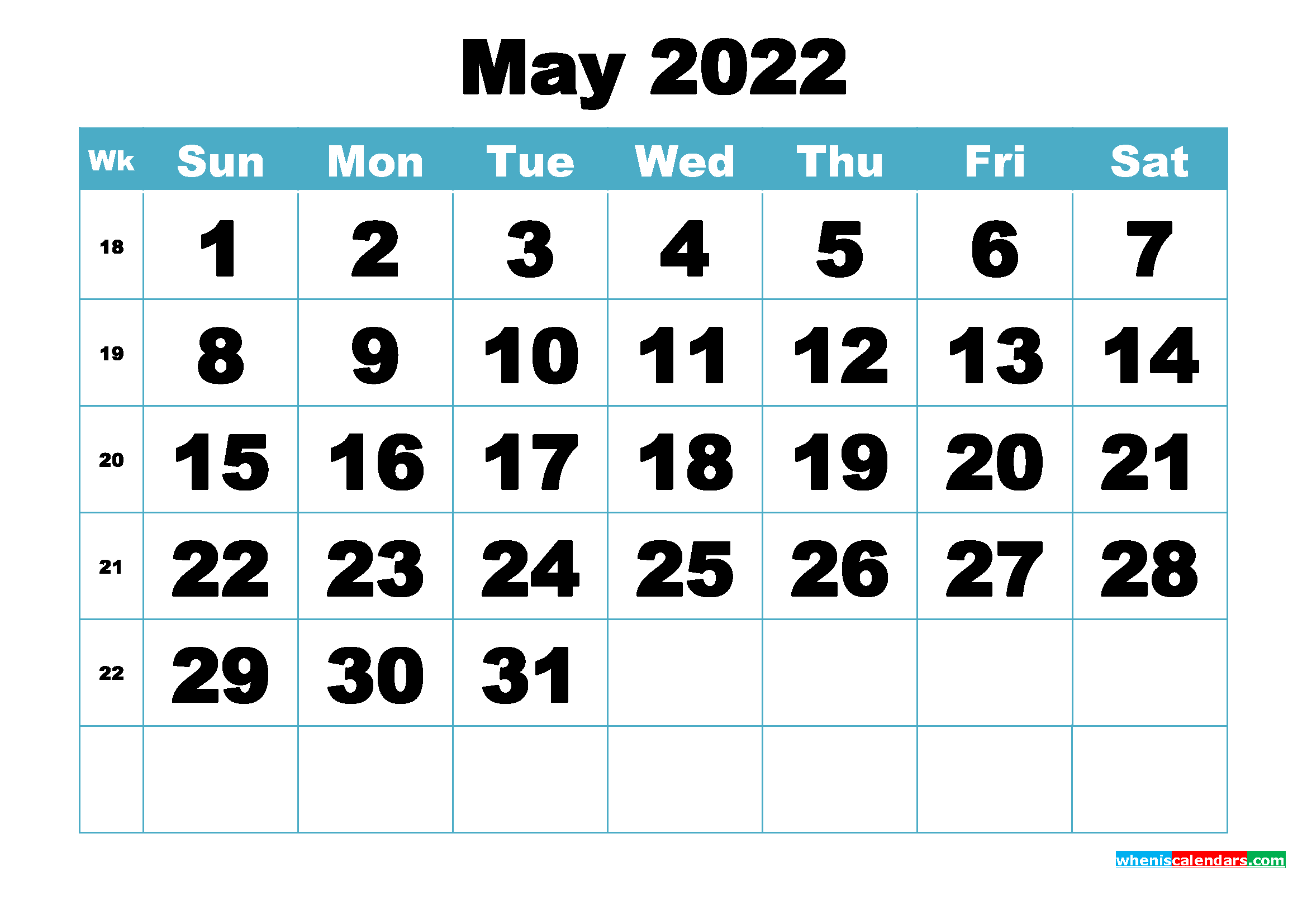 Free May 2022 Printable Monthly Calendar Template