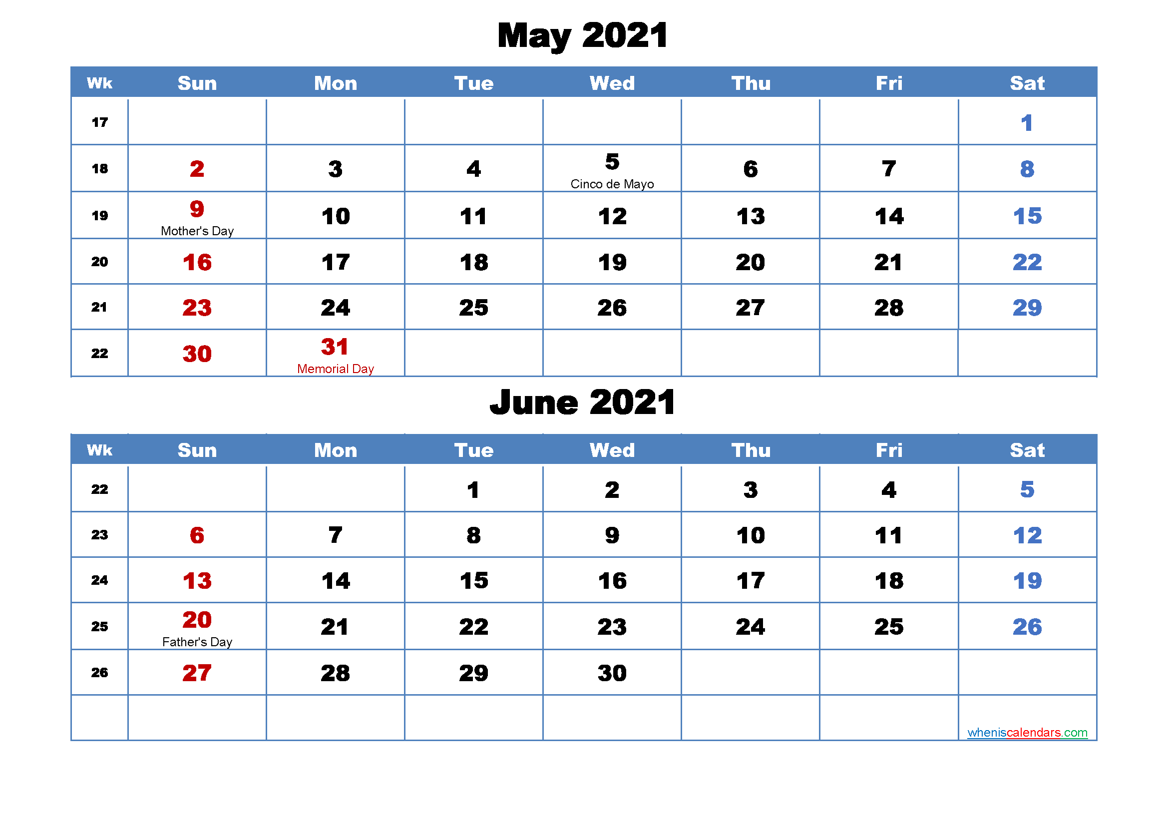 Printable Calendar May and June 2021 Word, PDF