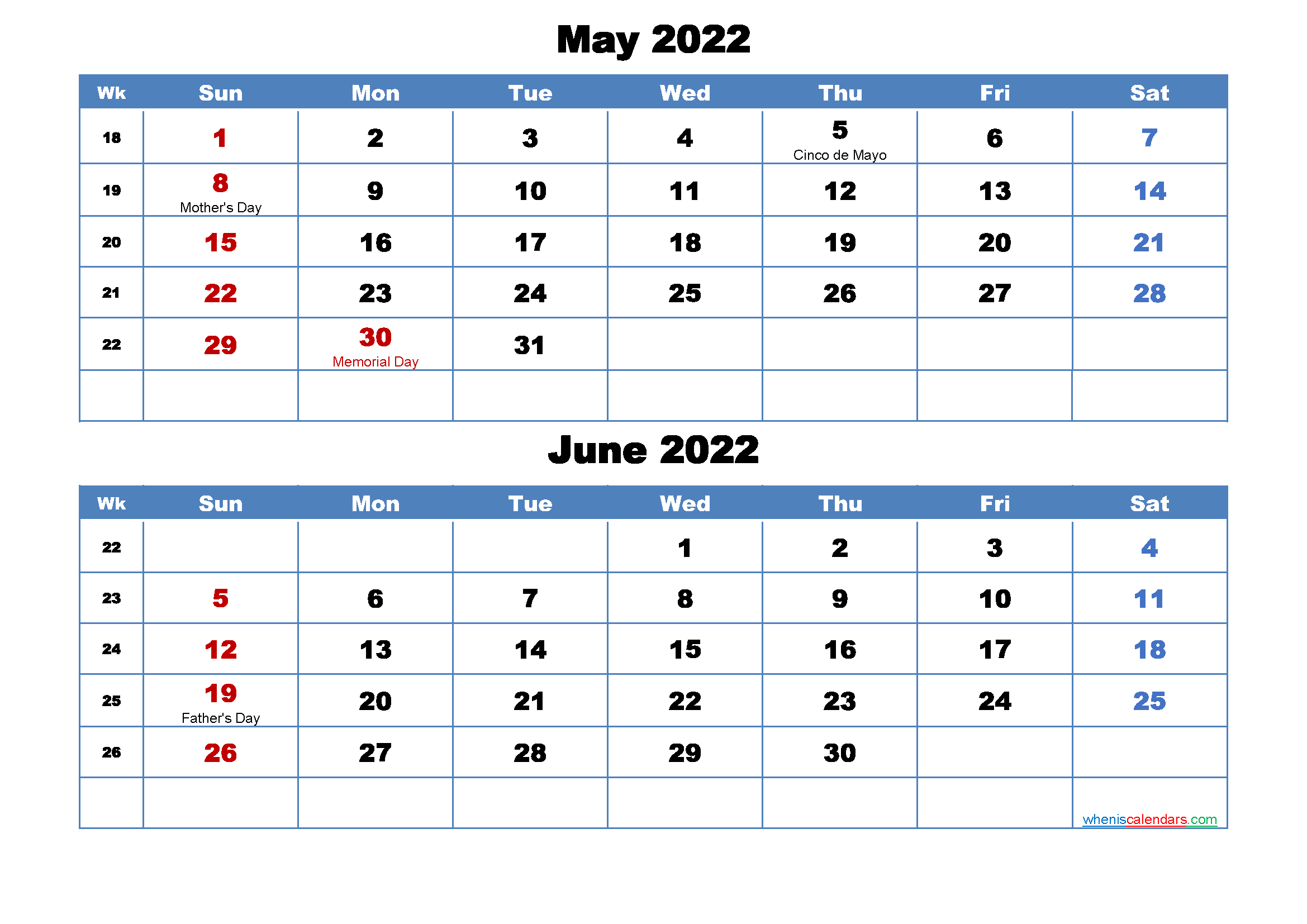 Printable Calendar May And June 2022 Word Pdf