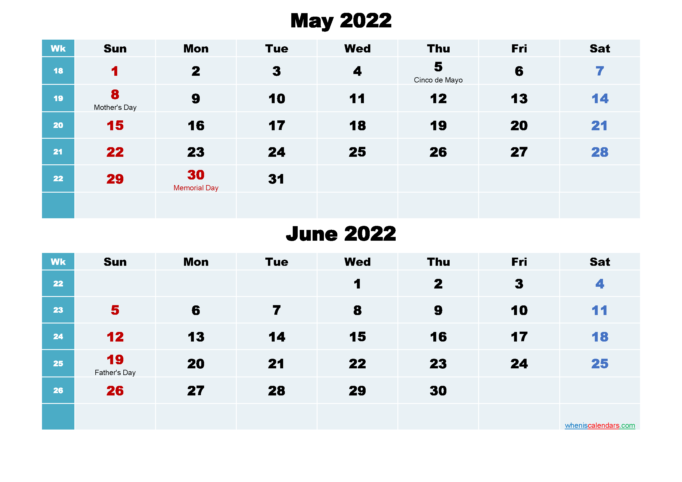 Calendar for May and June 2022 Word, PDF
