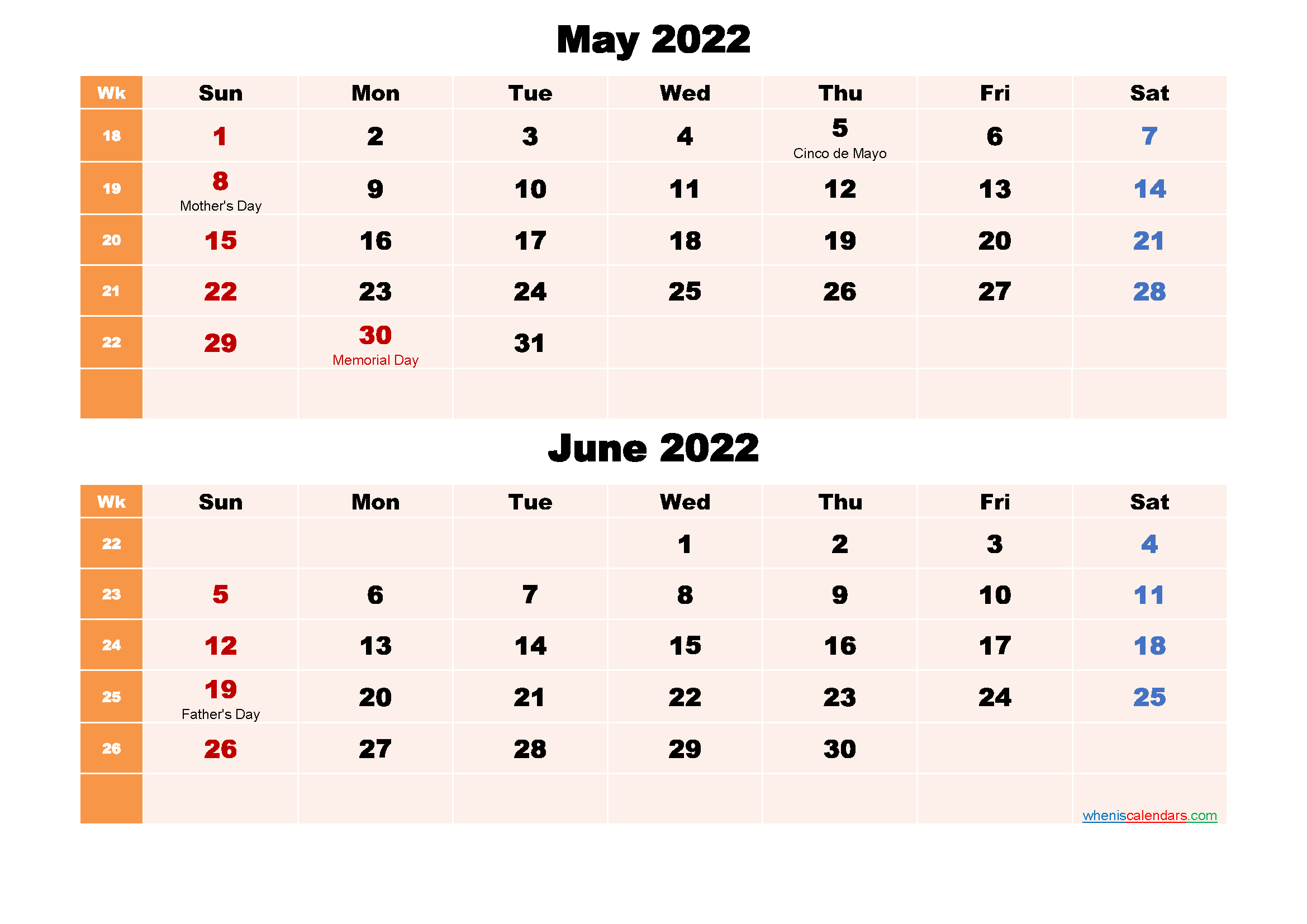 Printable Calendar May and June 2022 Word, PDF
